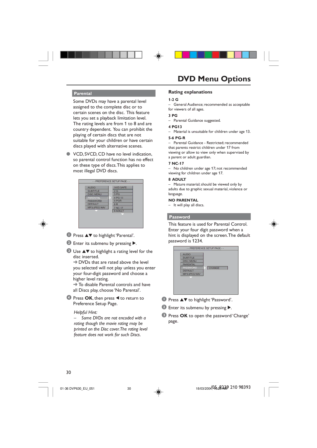 Philips DVP632, DVP630 manual Rating explanations, Password 