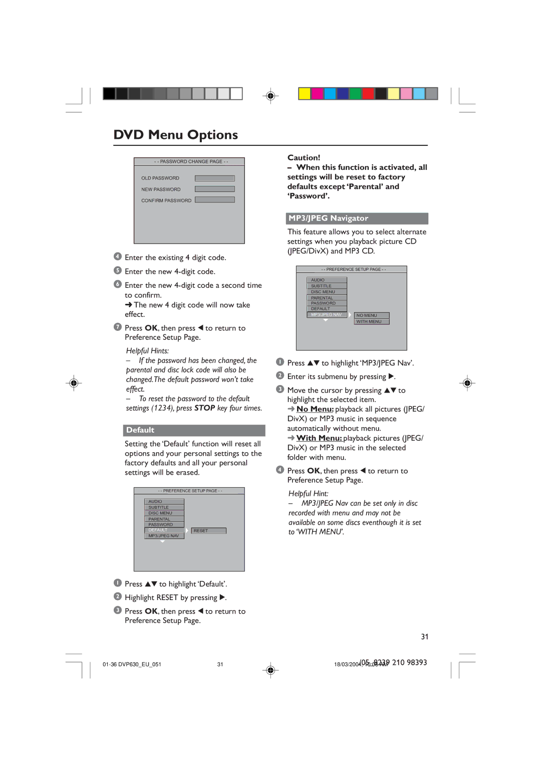 Philips DVP630, DVP632 manual Default 