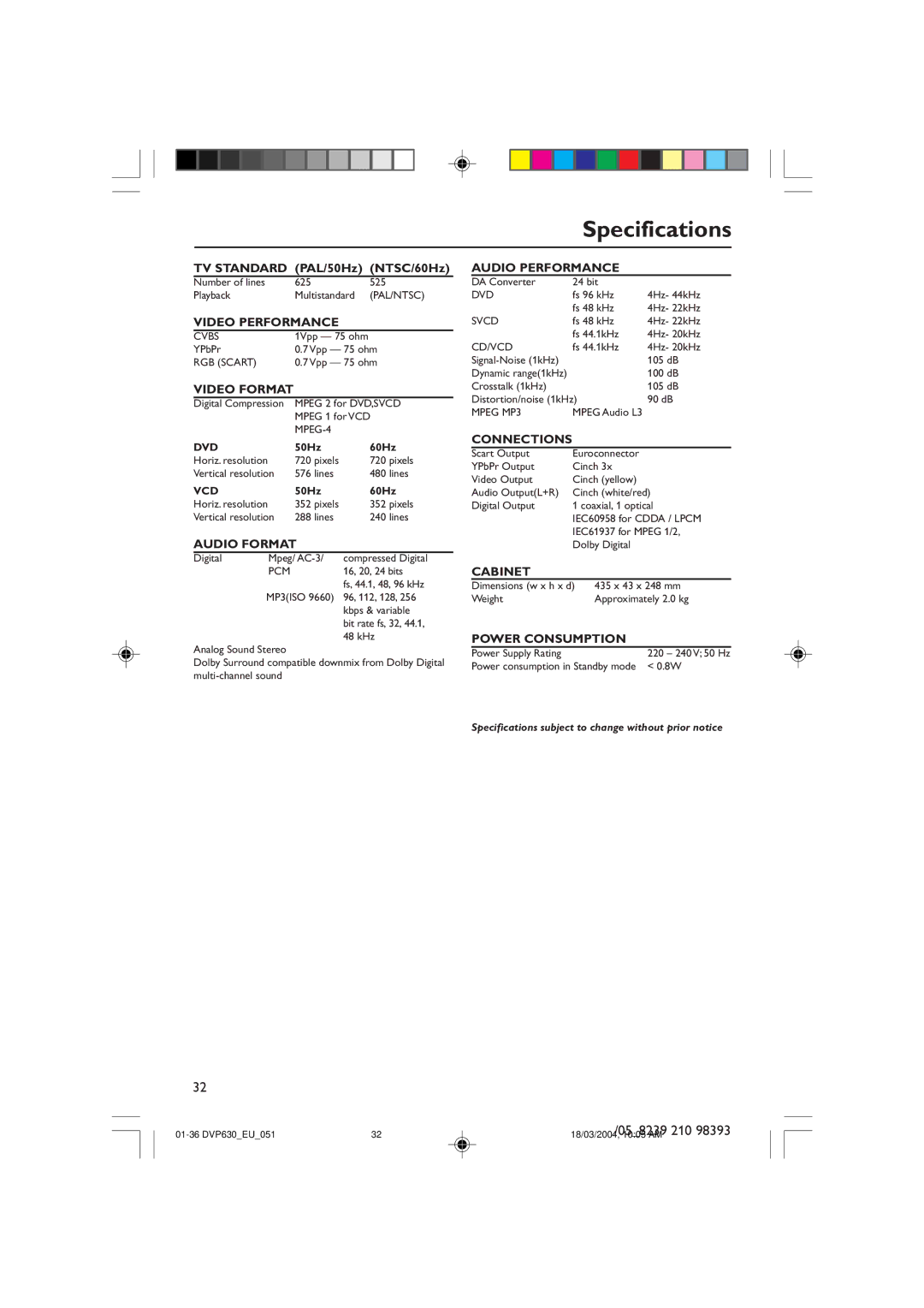 Philips DVP632, DVP630 manual Specifications, Video Format 