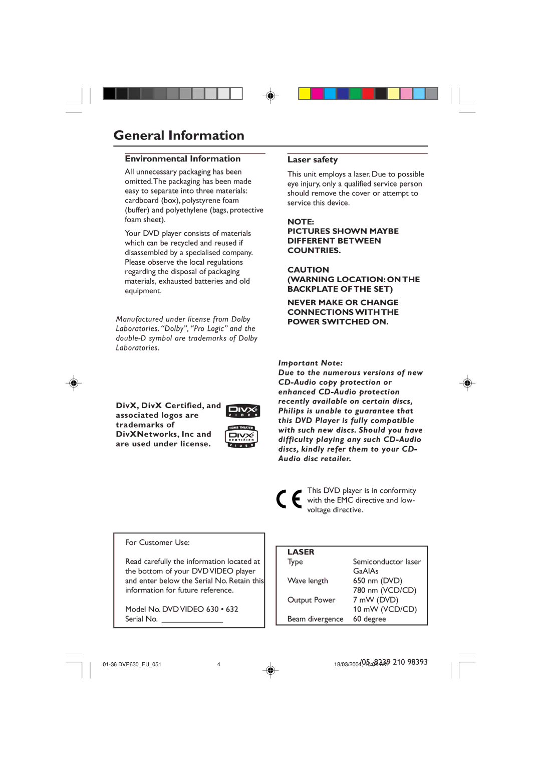 Philips DVP632, DVP630 manual General Information, Environmental Information, Laser safety 