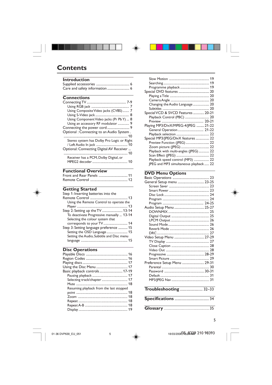 Philips DVP630, DVP632 manual Contents 