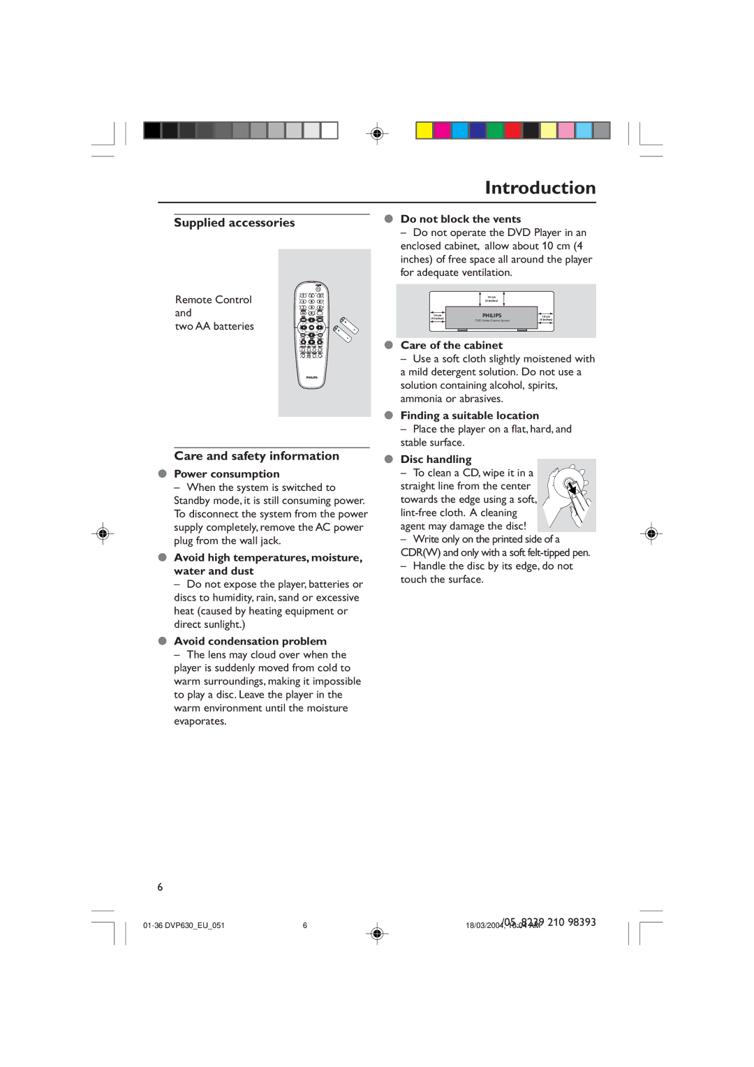 Philips DVP632, DVP630 manual Introduction, Supplied accessories, Care and safety information 