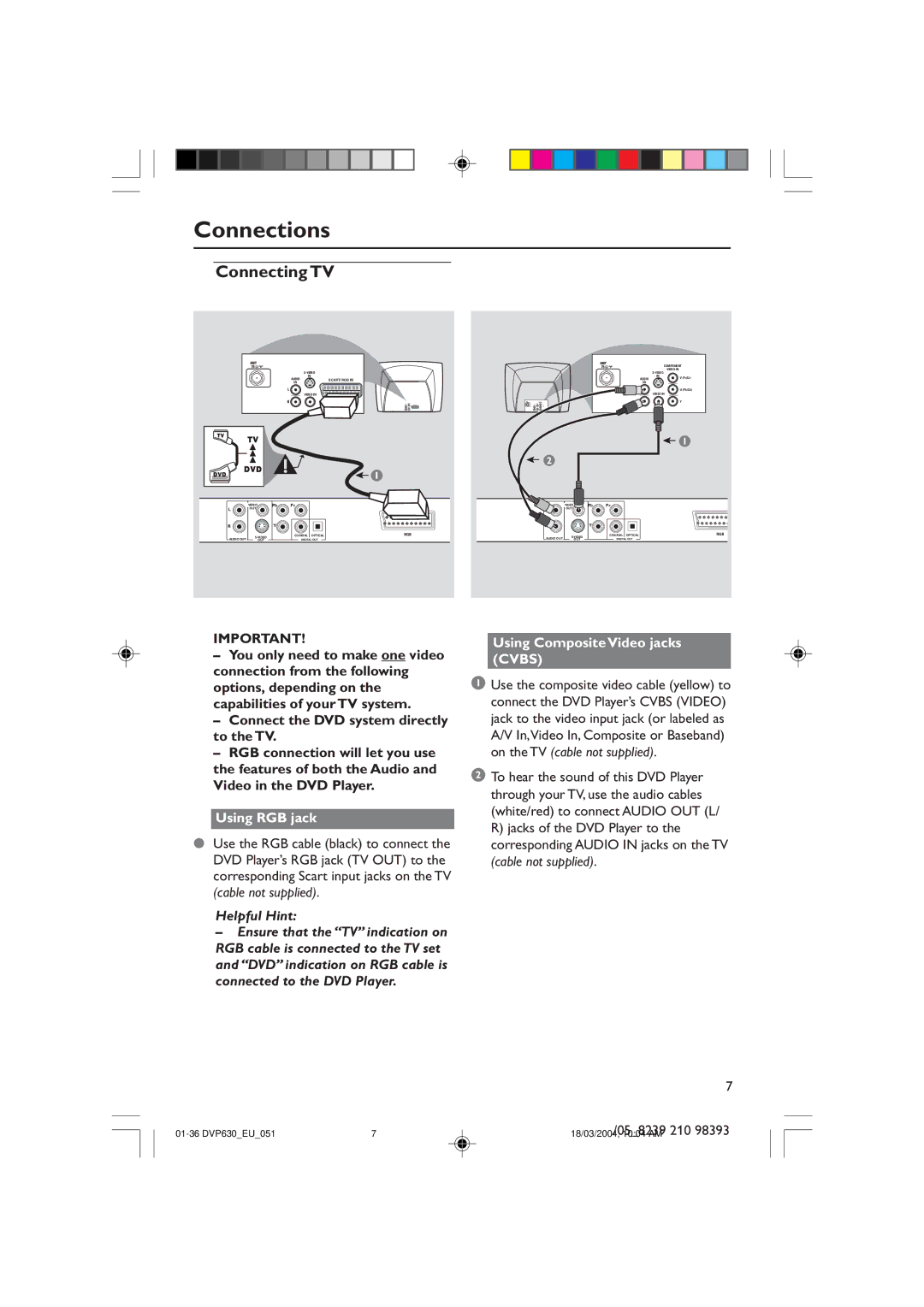 Philips DVP630, DVP632 manual Connections, Using RGB jack, Using Composite Video jacks Cvbs 