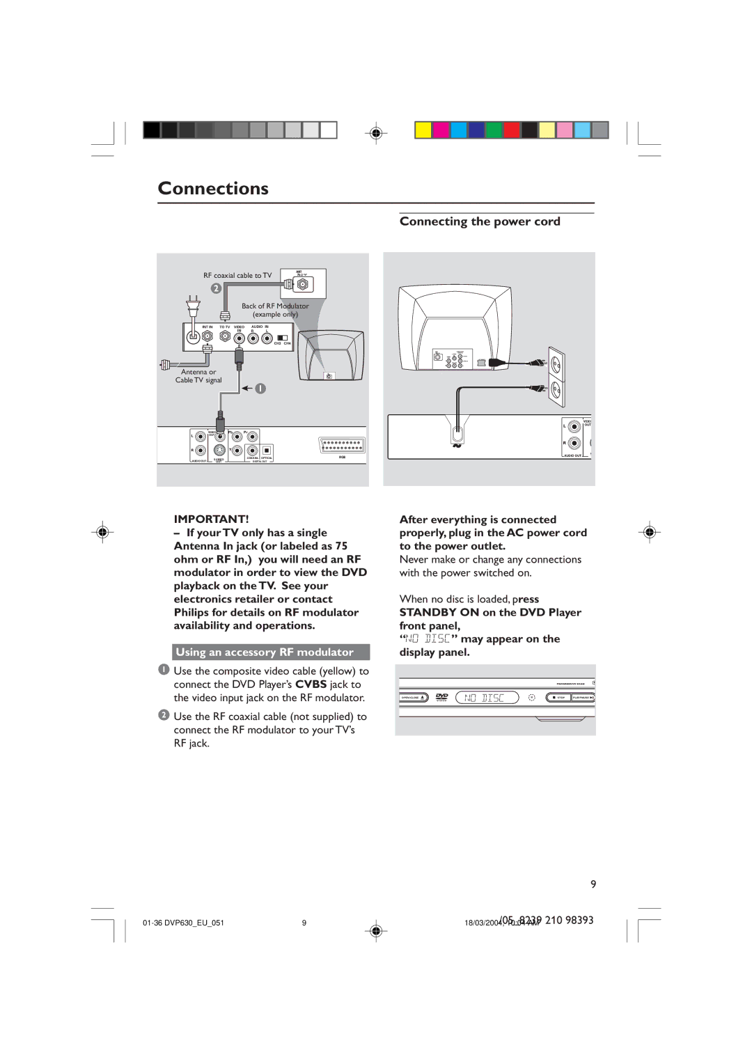 Philips DVP630, DVP632 manual Connecting the power cord, Using an accessory RF modulator 