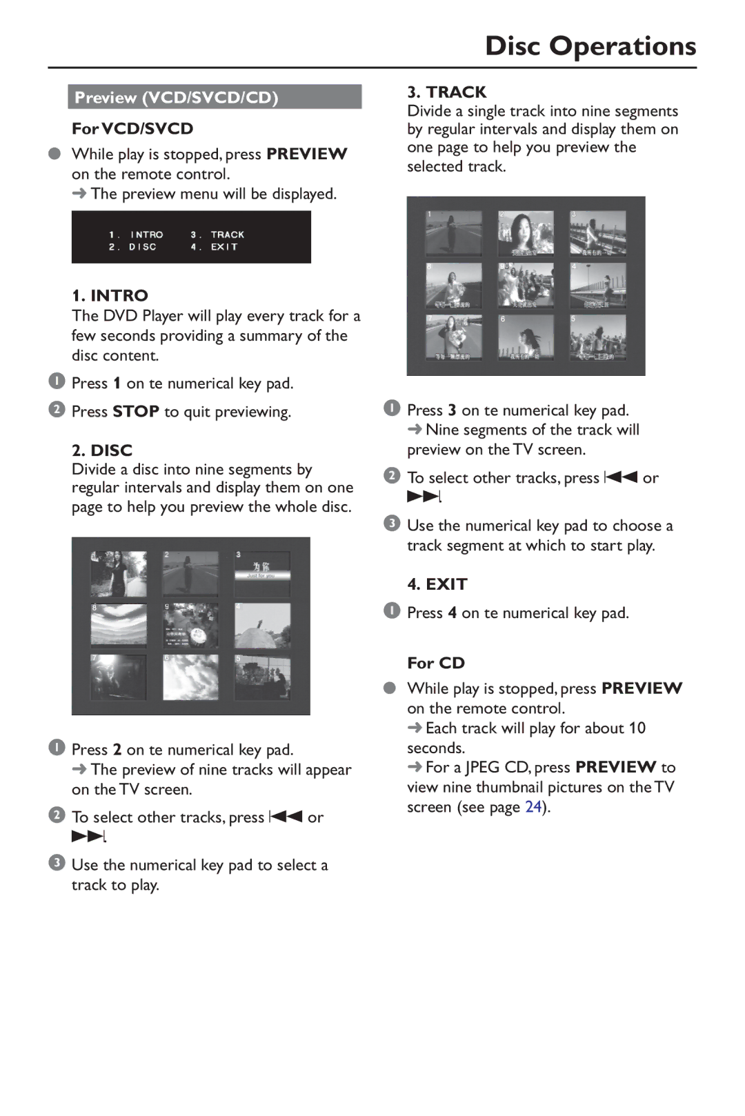 Philips SL-0347/17-1, DVP640/17 warranty Preview VCD/SVCD/CD, Intro, Disc, Track, Exit 