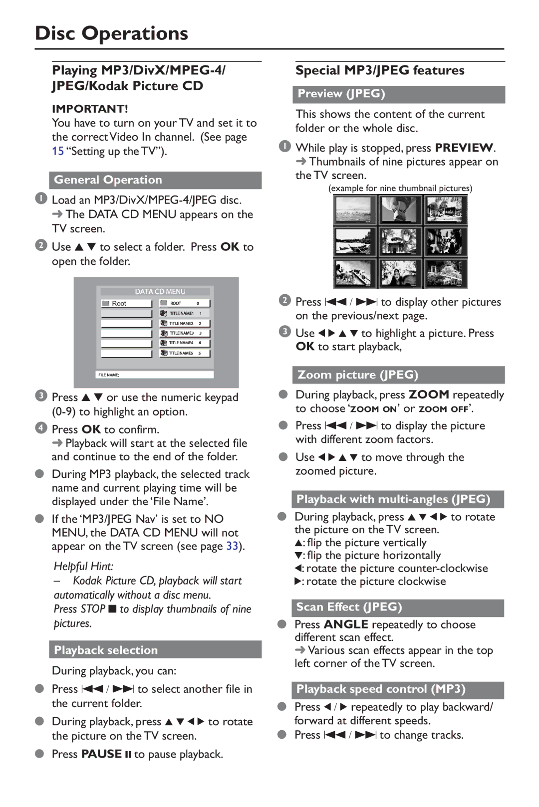 Philips DVP640/17, SL-0347/17-1 warranty Playing MP3/DivX/MPEG-4 JPEG/Kodak Picture CD, Special MP3/JPEG features 