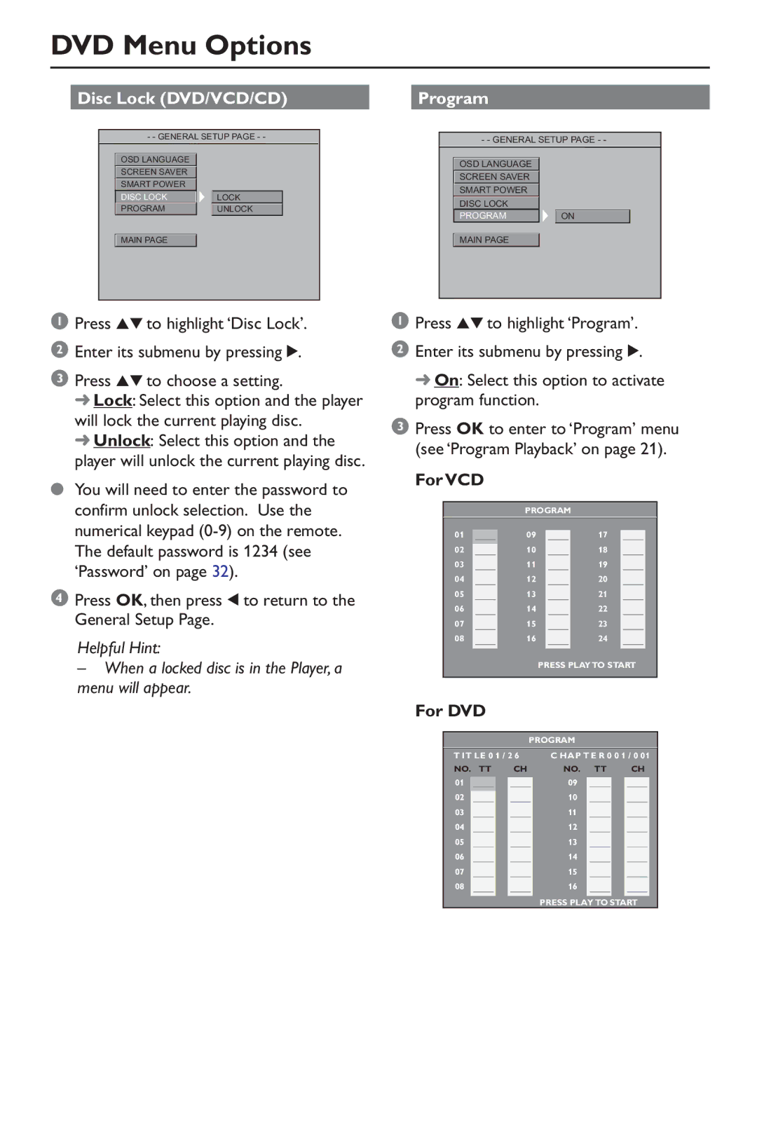 Philips DVP640/17, SL-0347/17-1 warranty DVD Menu Options, Disc Lock DVD/VCD/CD, Program 