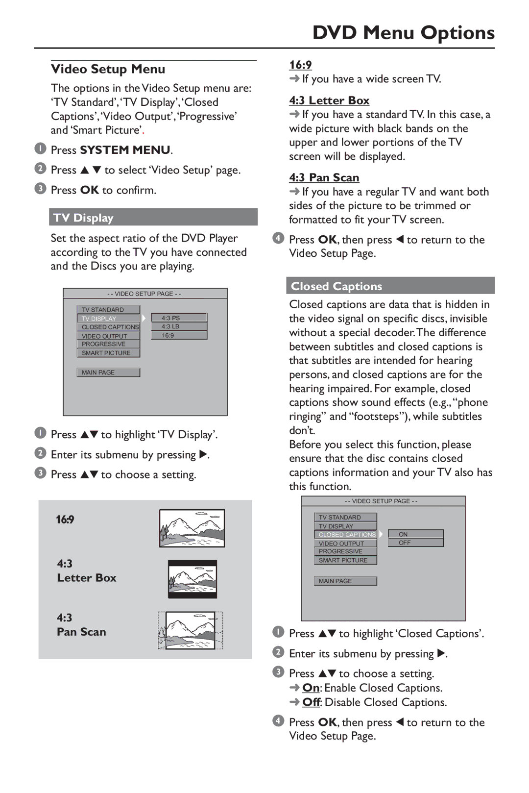 Philips SL-0347/17-1, DVP640/17 warranty Video Setup Menu, TV Display, Letter Box Pan Scan 