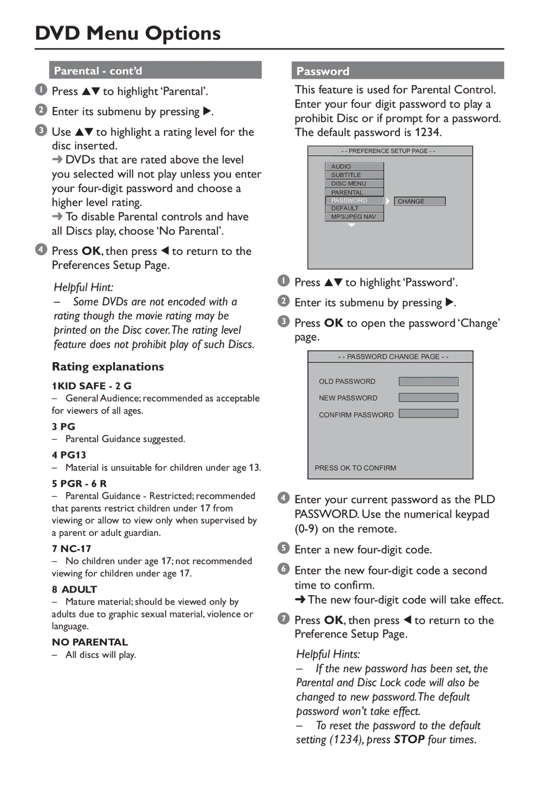 Philips DVP640/17, SL-0347/17-1 warranty Rating explanations, Password 