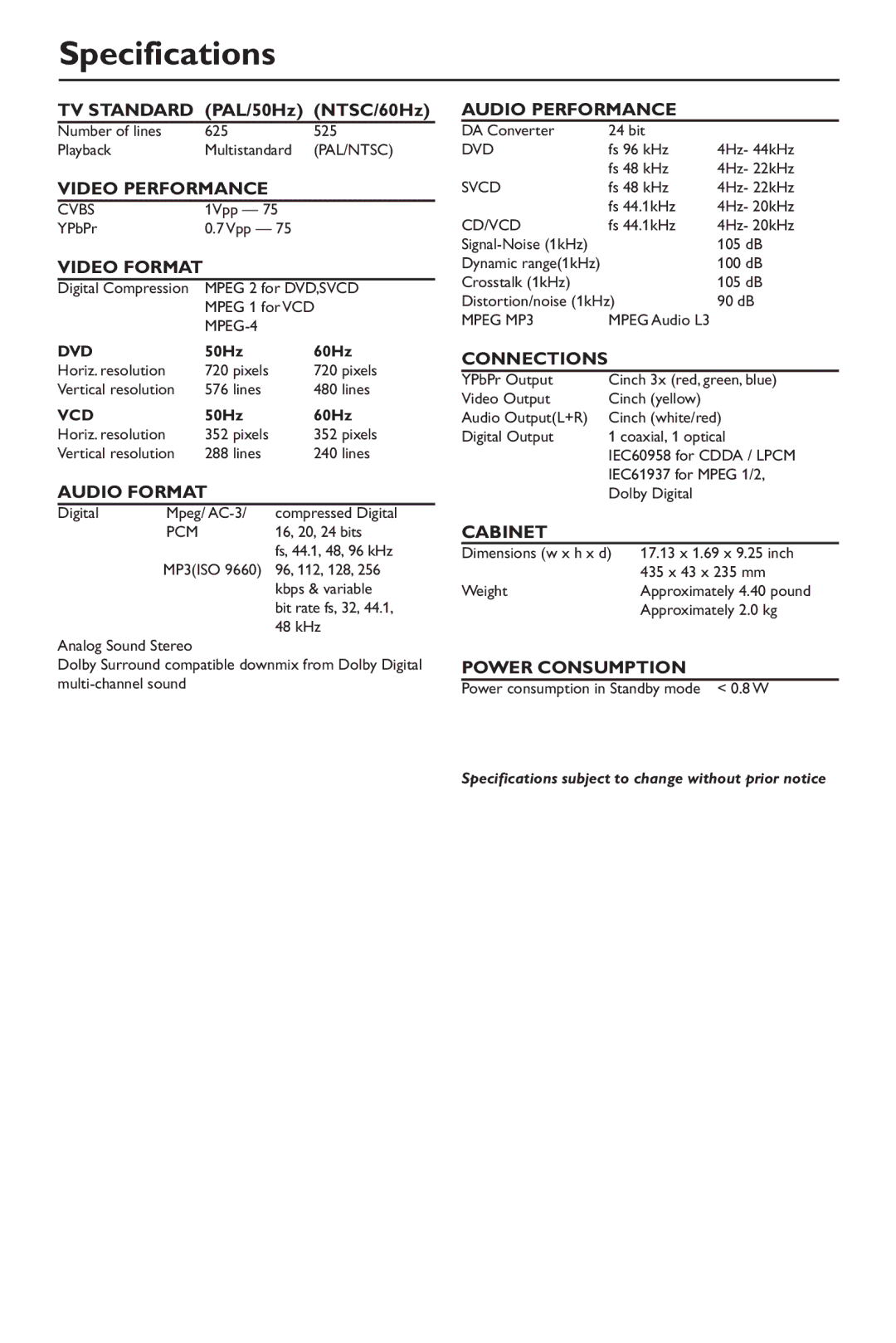 Philips DVP640/17, SL-0347/17-1 warranty Specifications, Video Format 