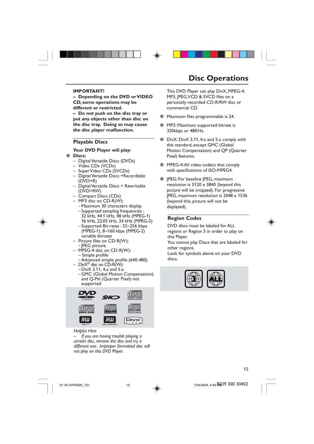 Philips DVP640K manual Disc Operations, Playable Discs, Region Codes, Your DVD Player will play Discs 