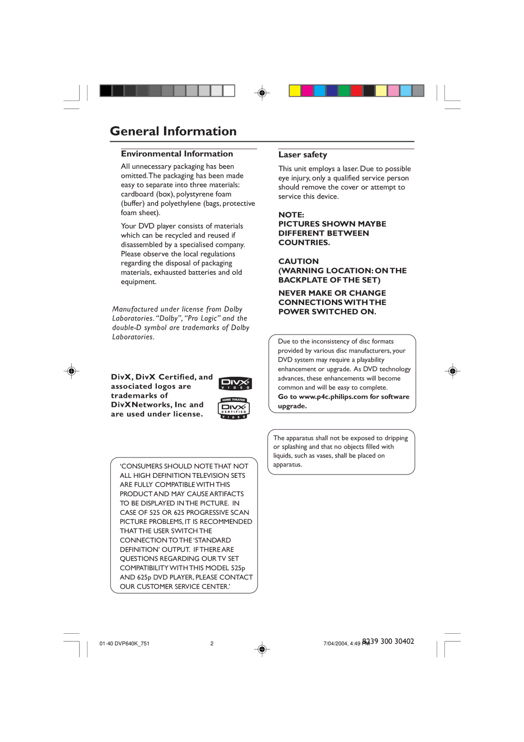 Philips DVP640K manual General Information, Environmental Information, Laser safety 