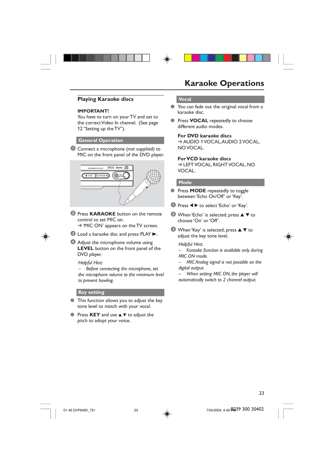 Philips DVP640K manual Karaoke Operations, Playing Karaoke discs, Vocal, Mode, Key setting 