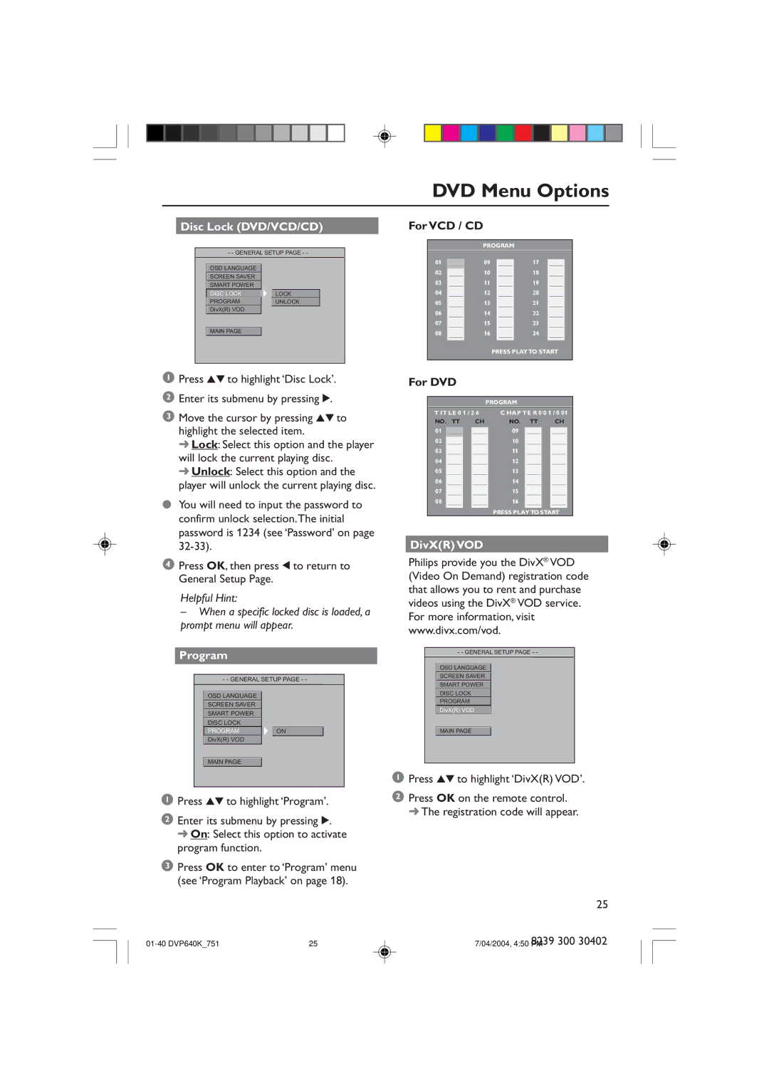 Philips DVP640K manual Disc Lock DVD/VCD/CD, Program, For VCD / CD, DivXR VOD 