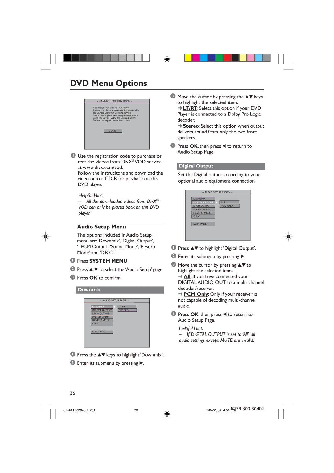 Philips DVP640K manual Audio Setup Menu, Downmix 