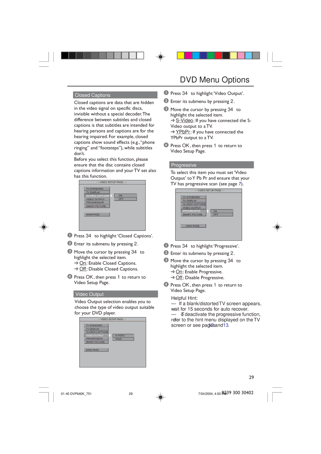 Philips DVP640K manual DVD Menu Options, Progressive 