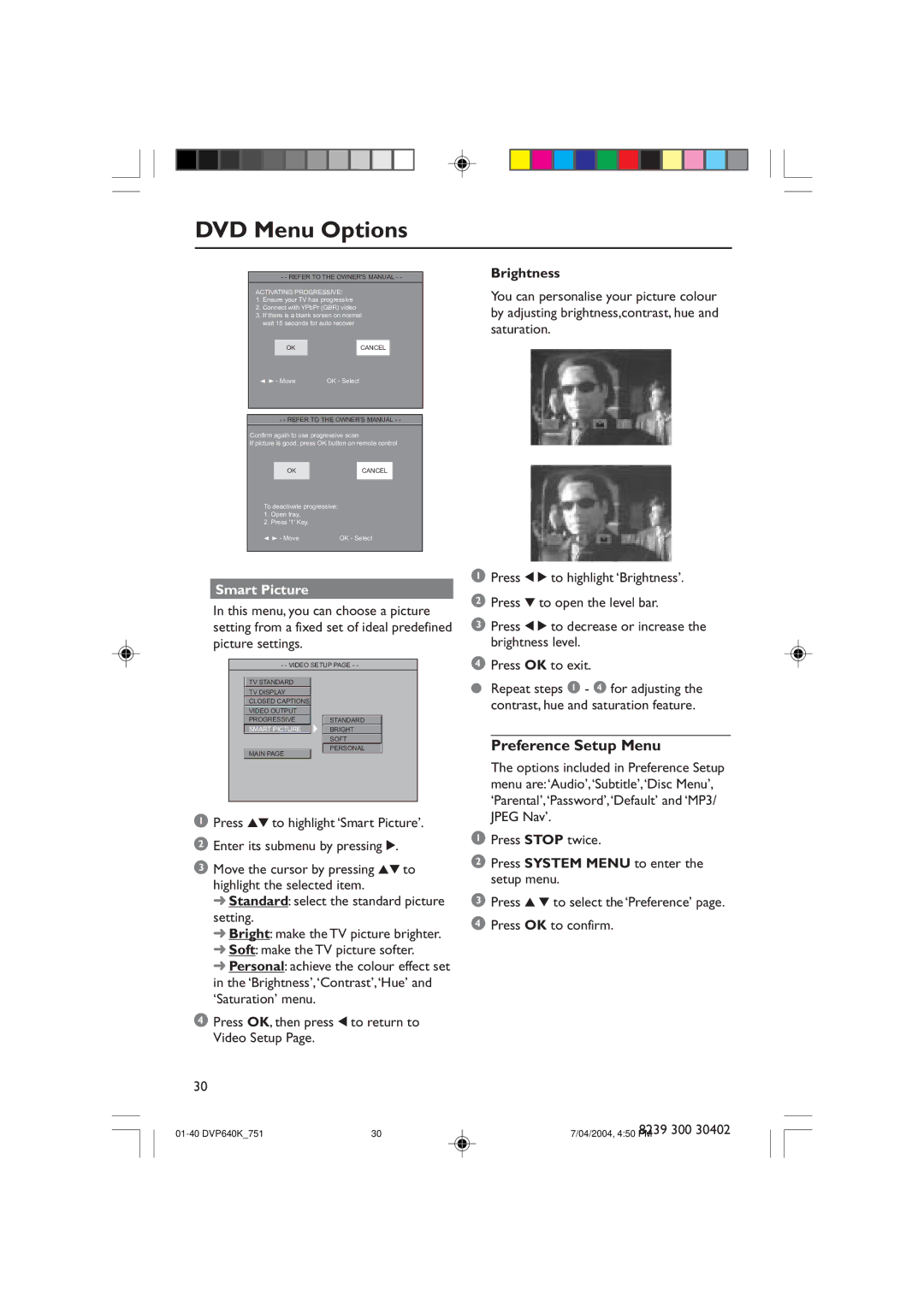 Philips DVP640K manual Smart Picture, Activating Progressive 