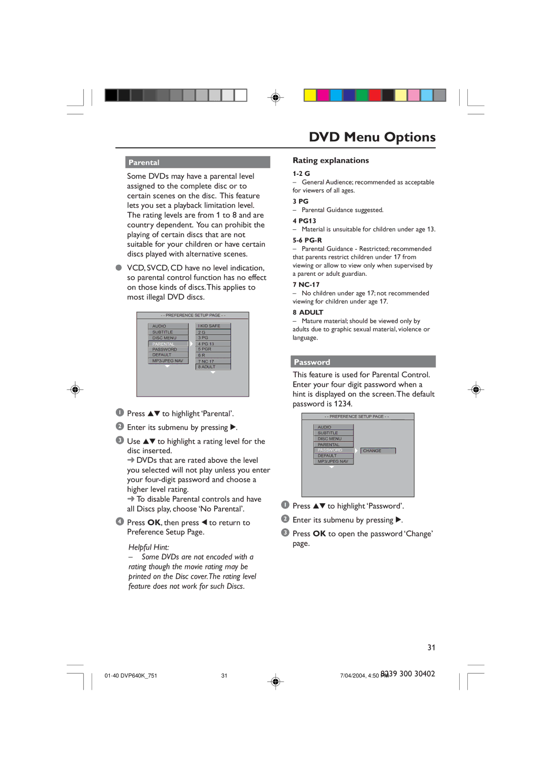 Philips DVP640K manual Rating explanations, Password 