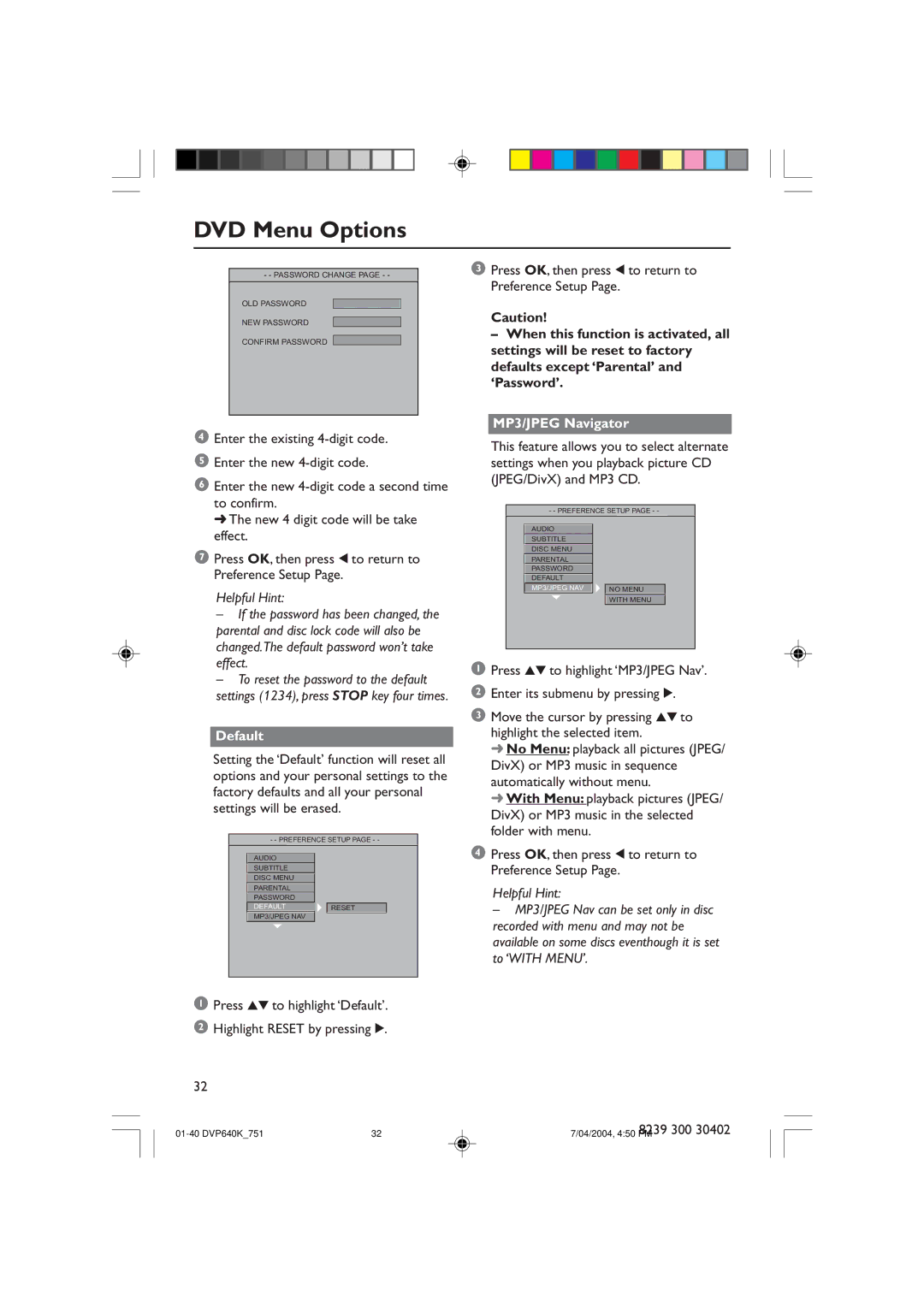 Philips DVP640K manual Default, MP3/JPEG Navigator 