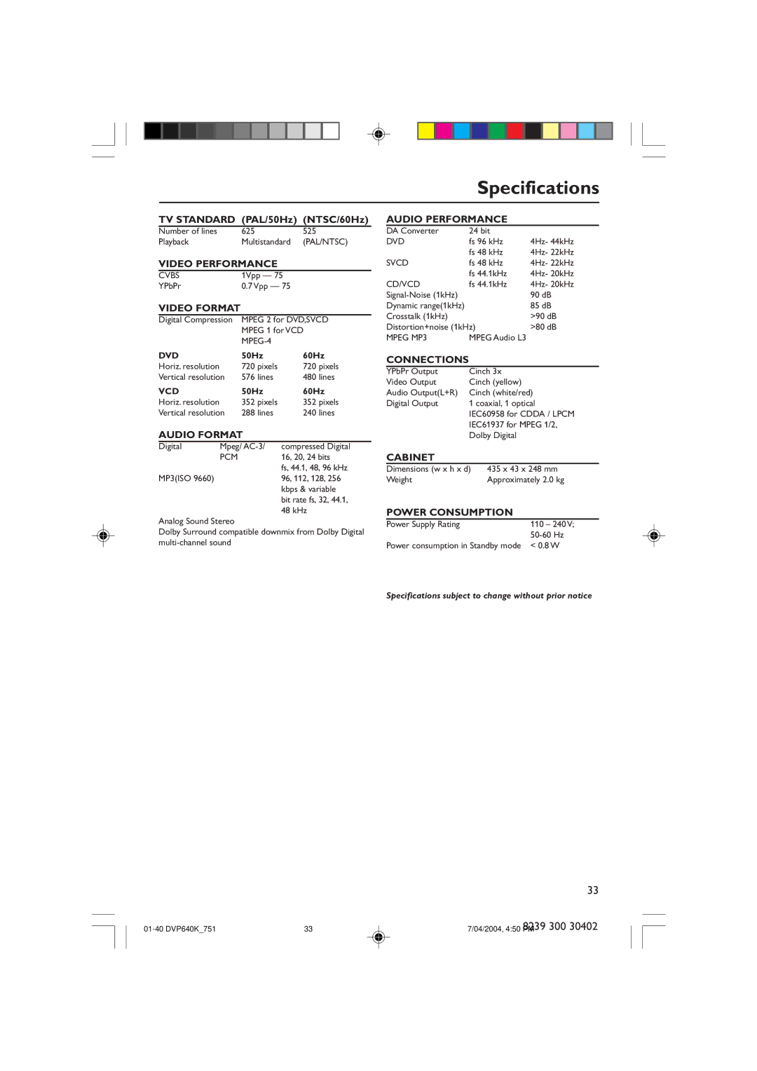 Philips DVP640K manual Specifications, Video Format 