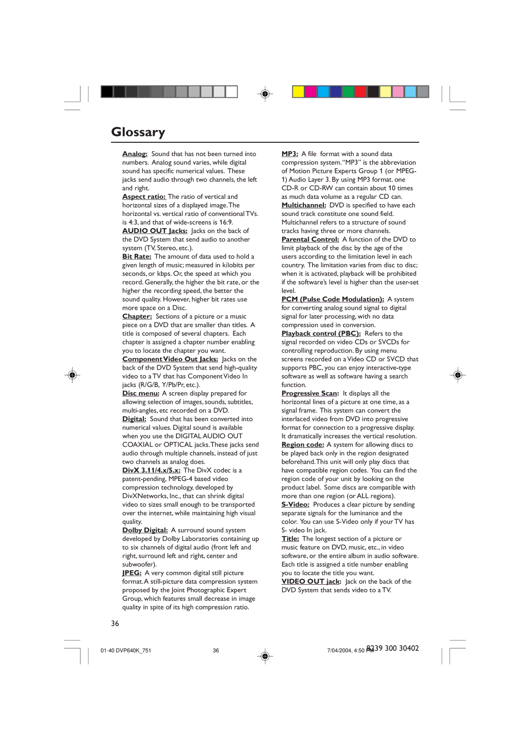 Philips DVP640K manual Glossary 