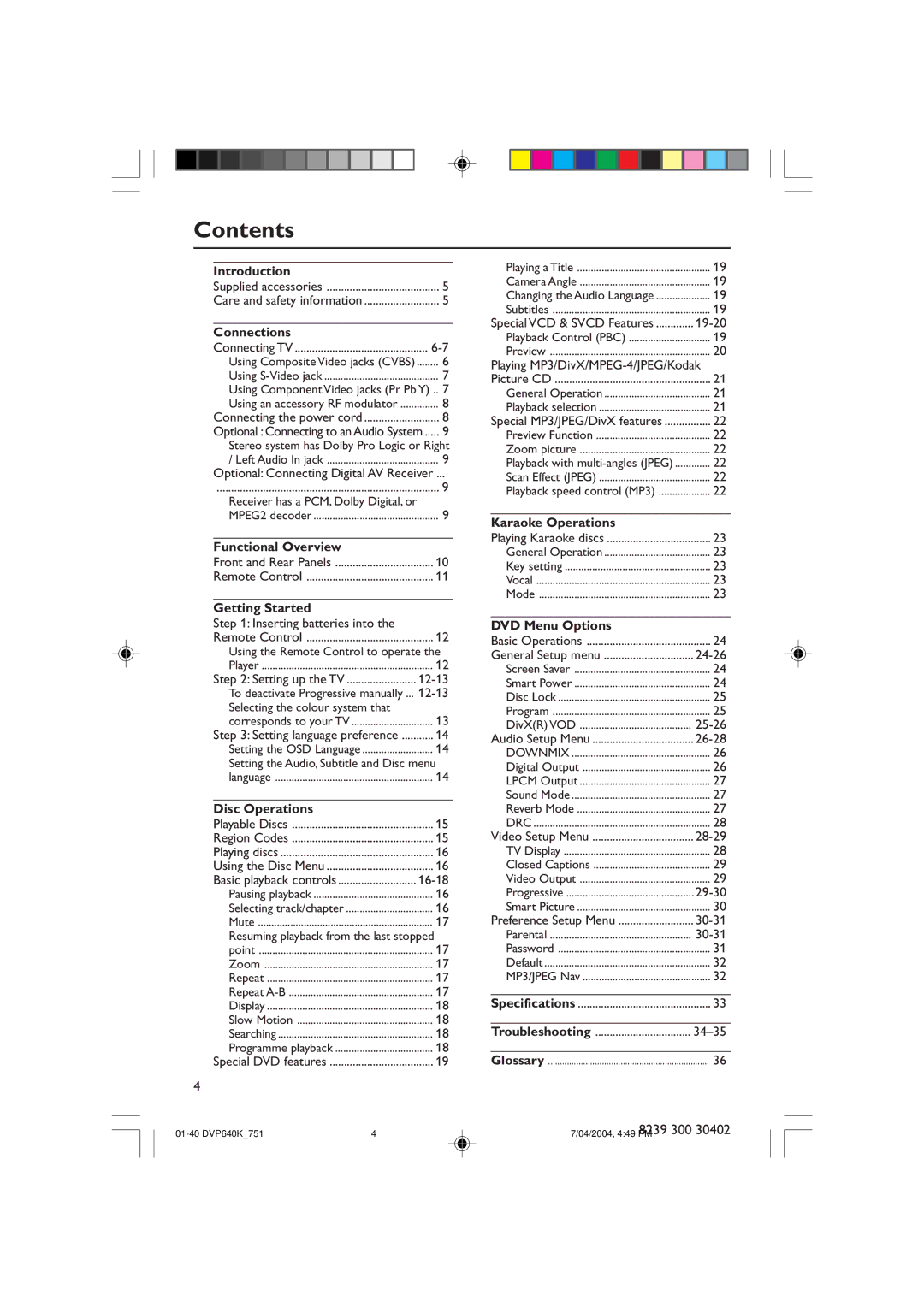 Philips DVP640K manual Contents 