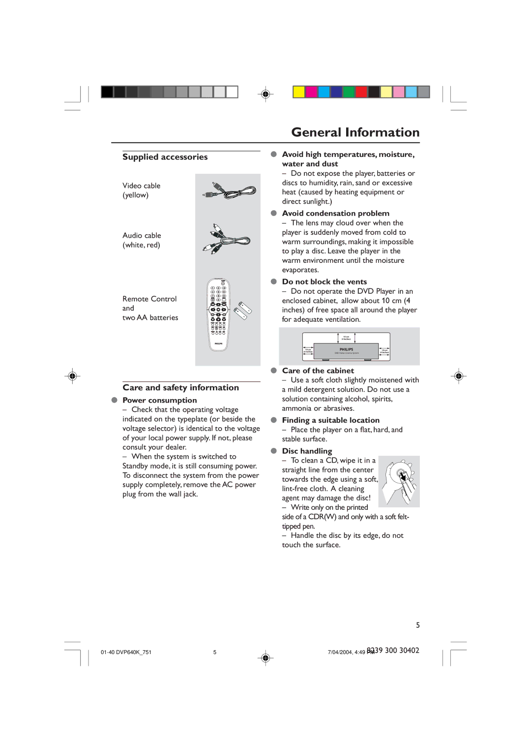 Philips DVP640K manual Supplied accessories, Care and safety information 