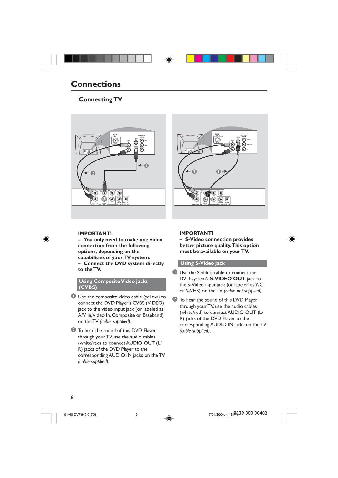 Philips DVP640K manual Connections, Using Composite Video jacks Cvbs, Using S-Video jack 