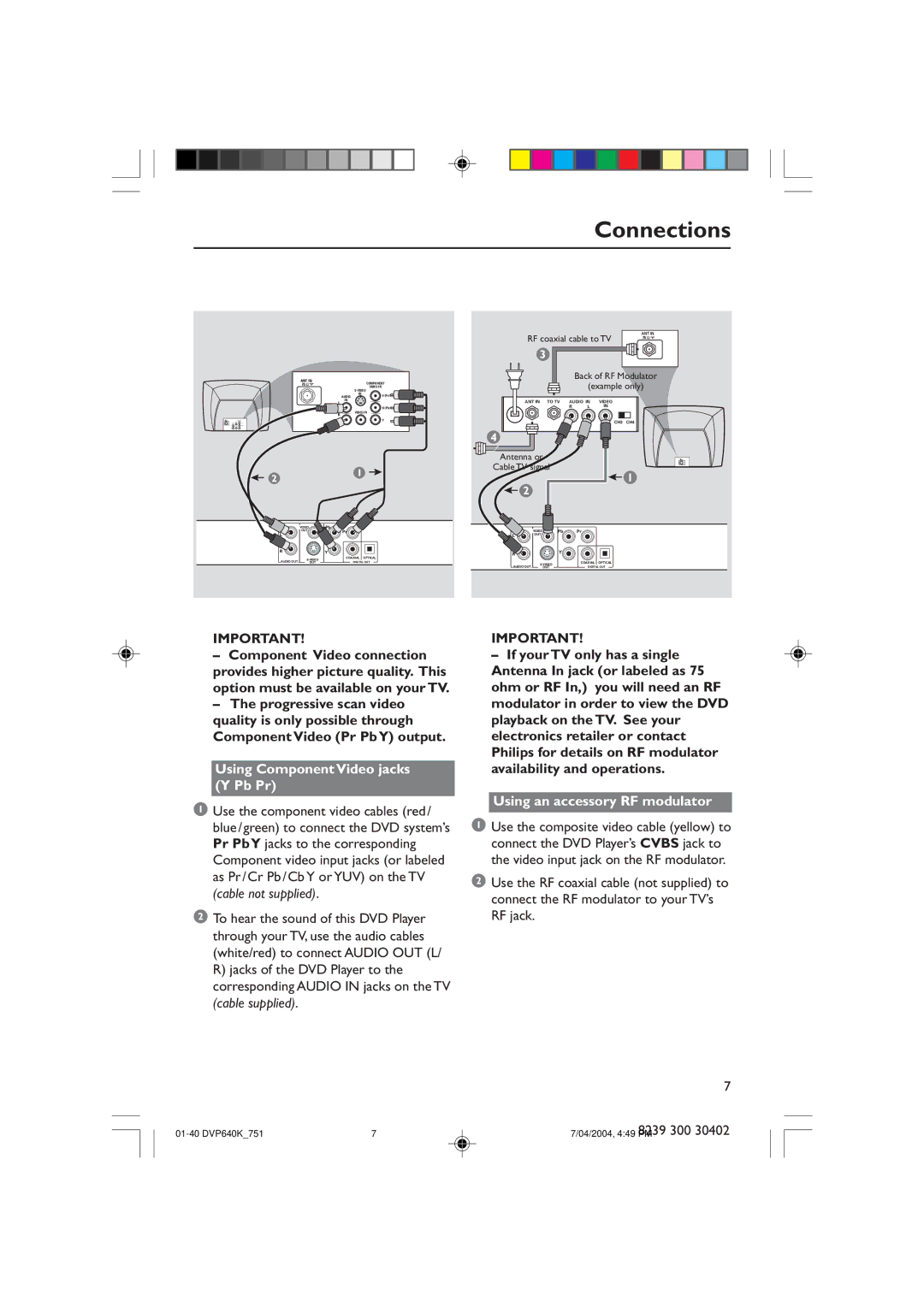 Philips DVP640K manual Using Component Video jacks Y Pb Pr, Using an accessory RF modulator 