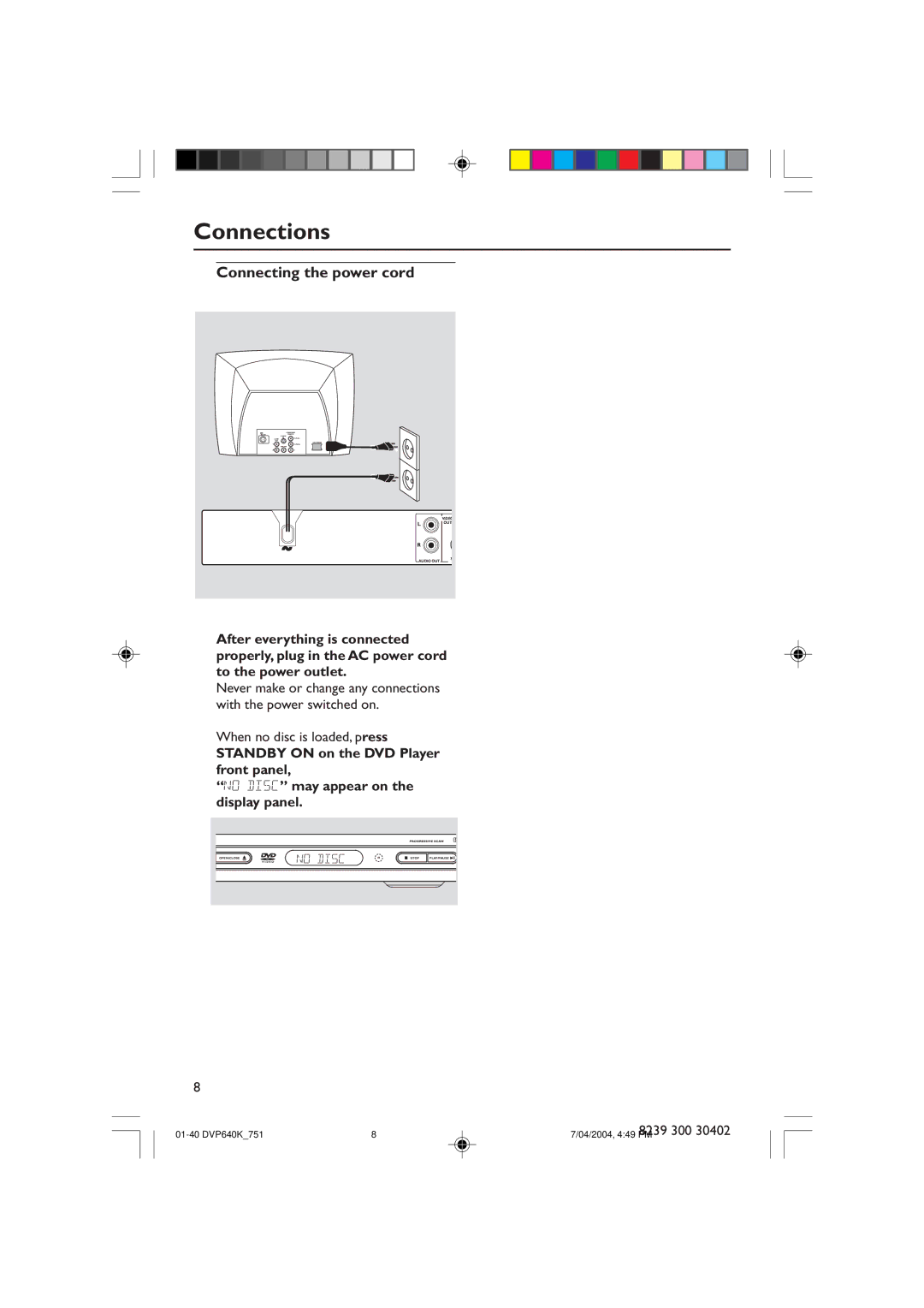 Philips DVP640K manual Connecting the power cord 