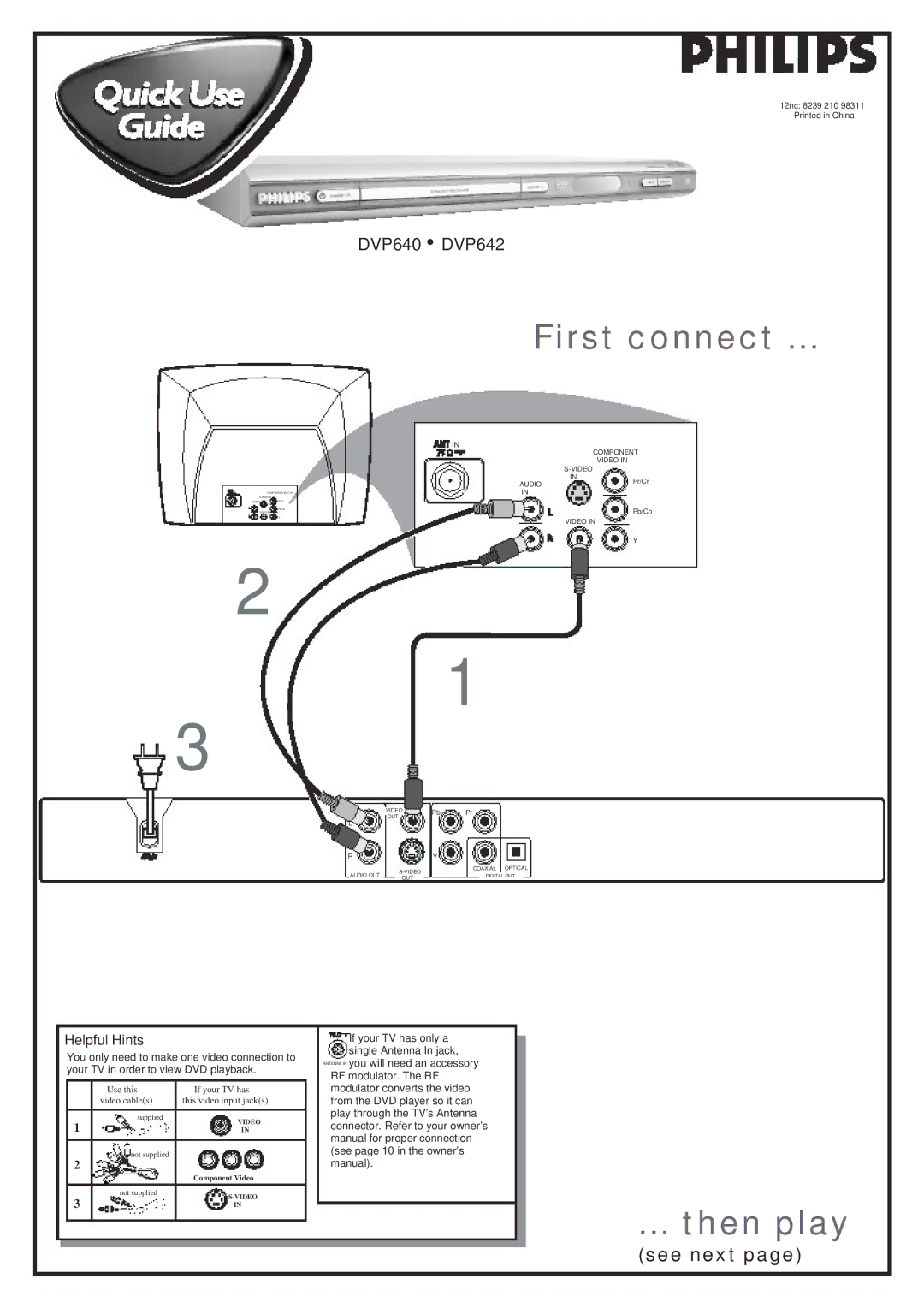 Philips DVP640, DVP642 owner manual First connect, Then play, Helpful Hints 