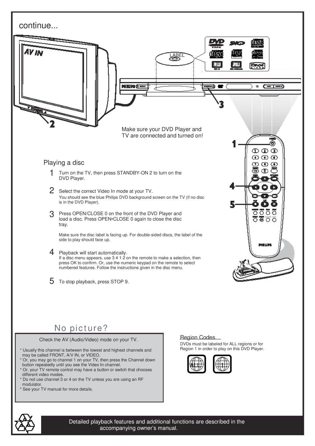 Philips DVP642 Turn on the TV, then press STANDBY-ON 2 to turn on, DVD Player, Select the correct Video In mode at your TV 