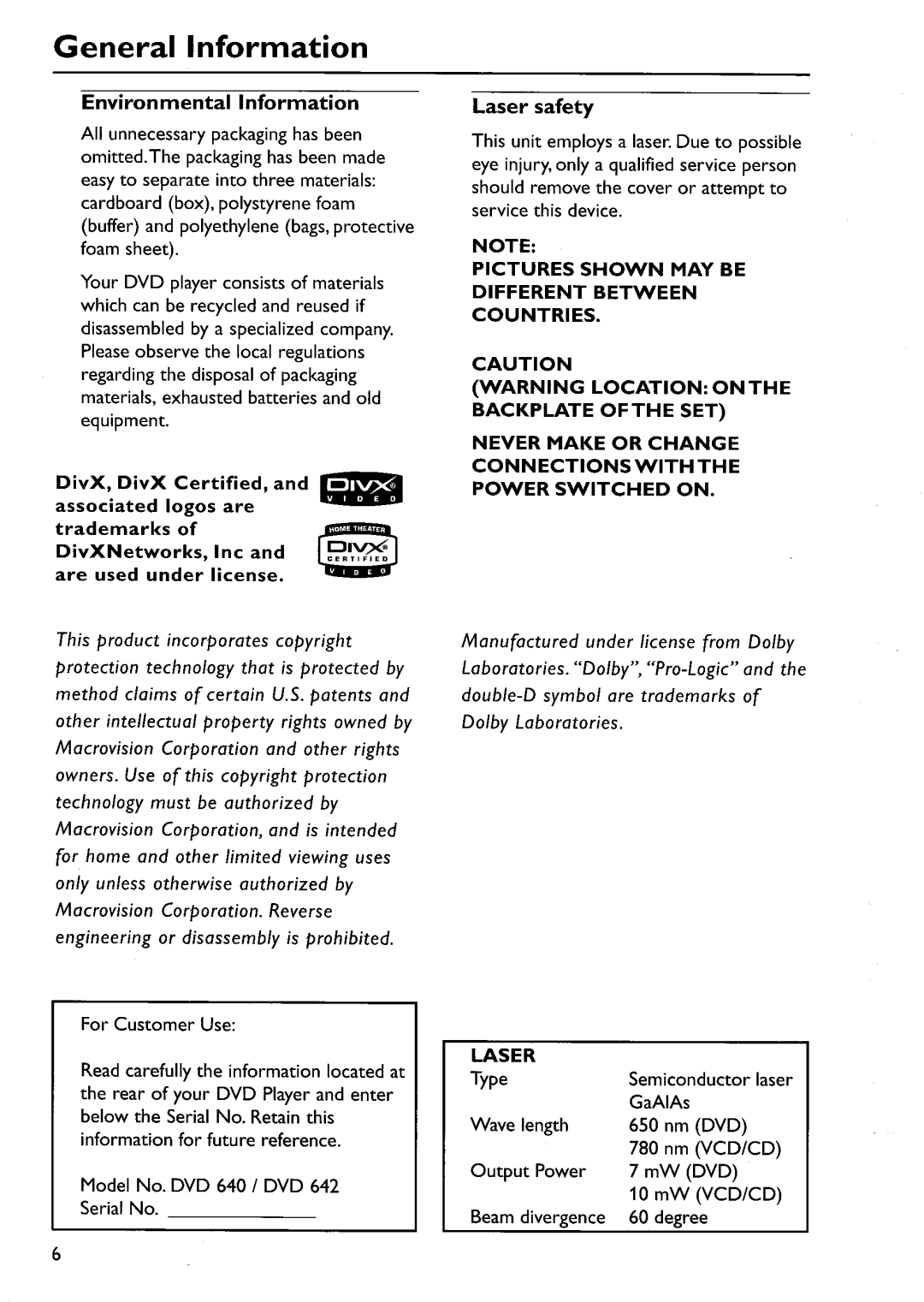 Philips DVP642/17 manual 