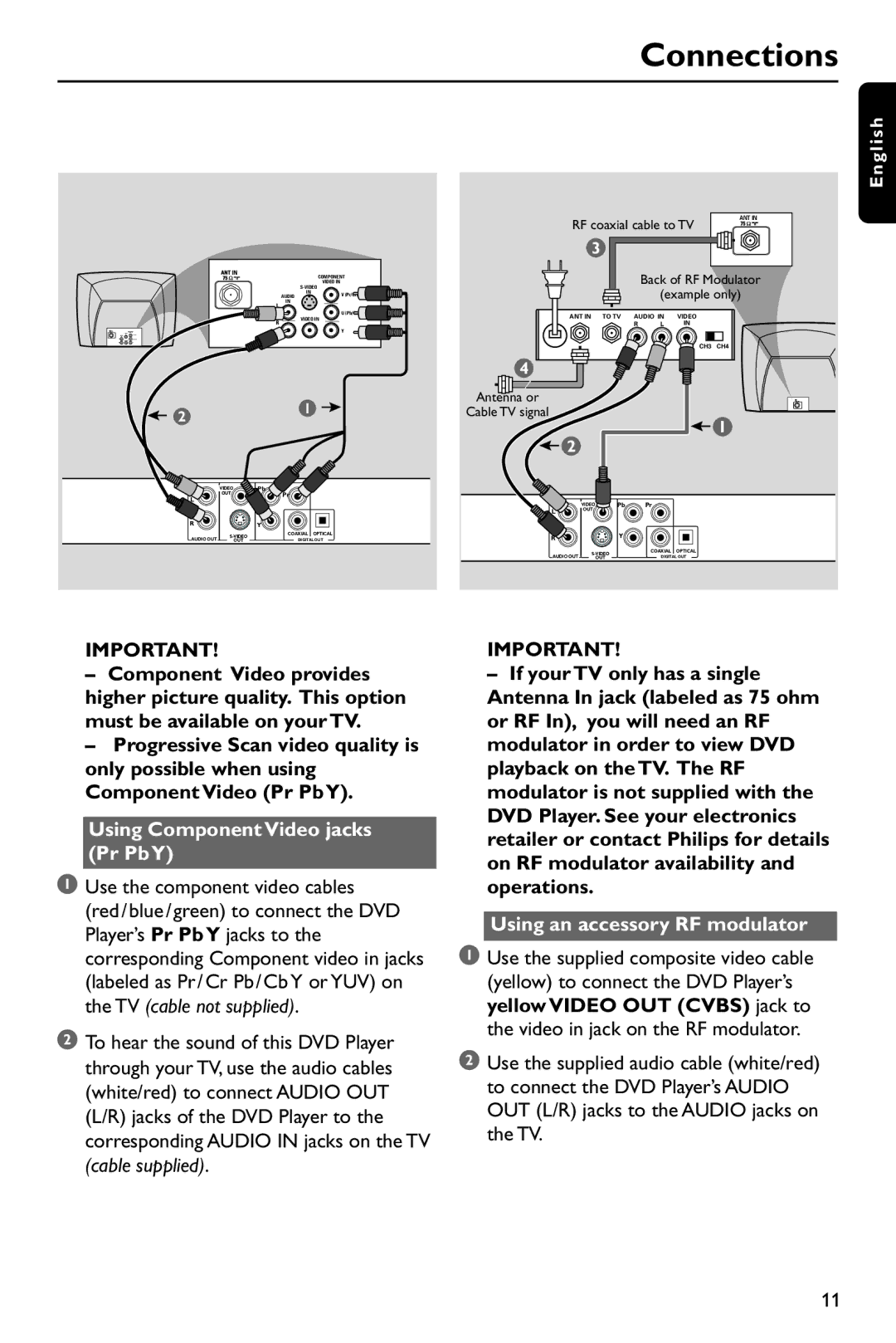 Philips DVP642/37 user manual Using Component Video jacks Pr Pb Y, Using an accessory RF modulator 