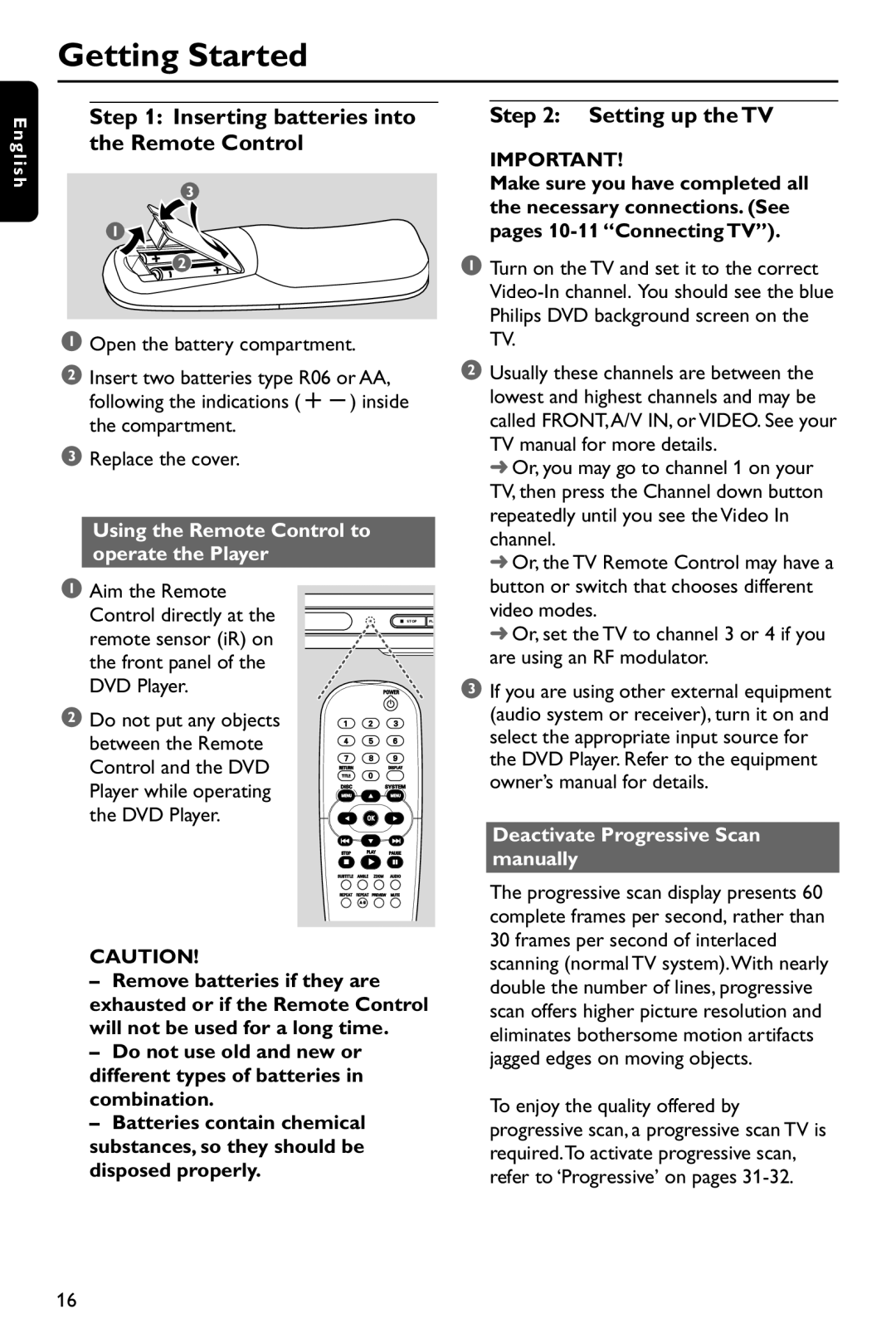 Philips DVP642/37 user manual Getting Started, Inserting batteries into the Remote Control, Setting up the TV 