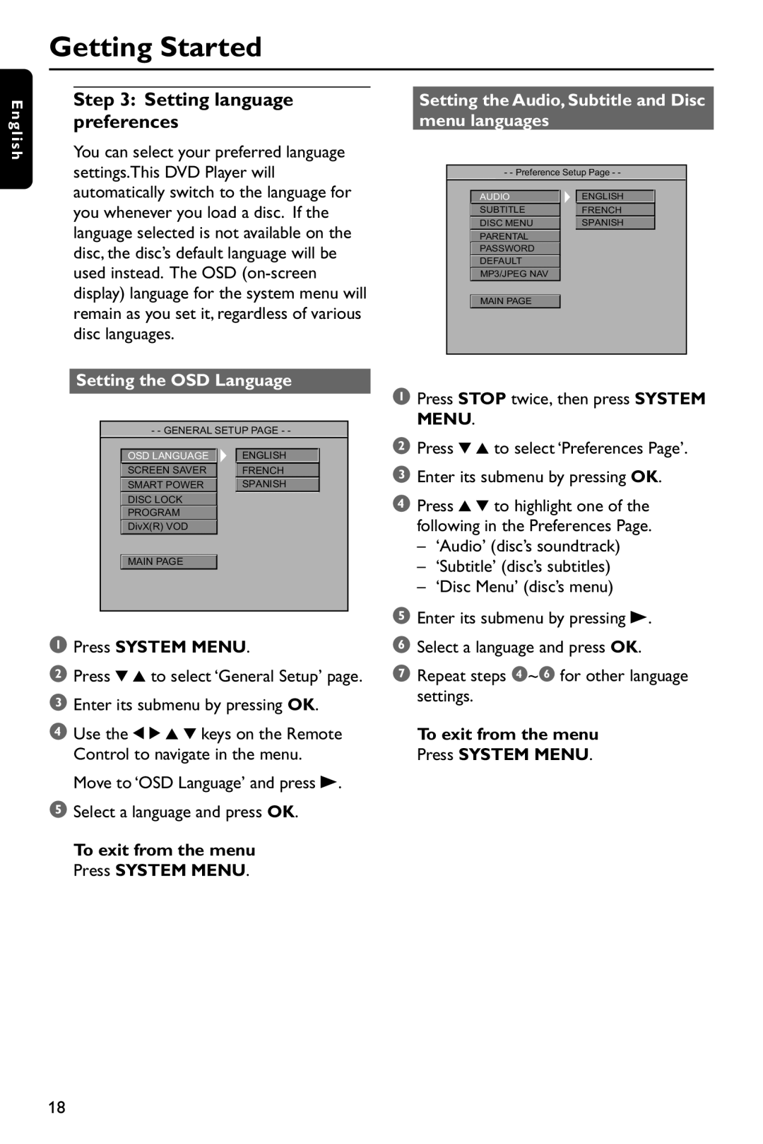 Philips DVP642/37 user manual Setting language preferences, Setting the OSD Language 