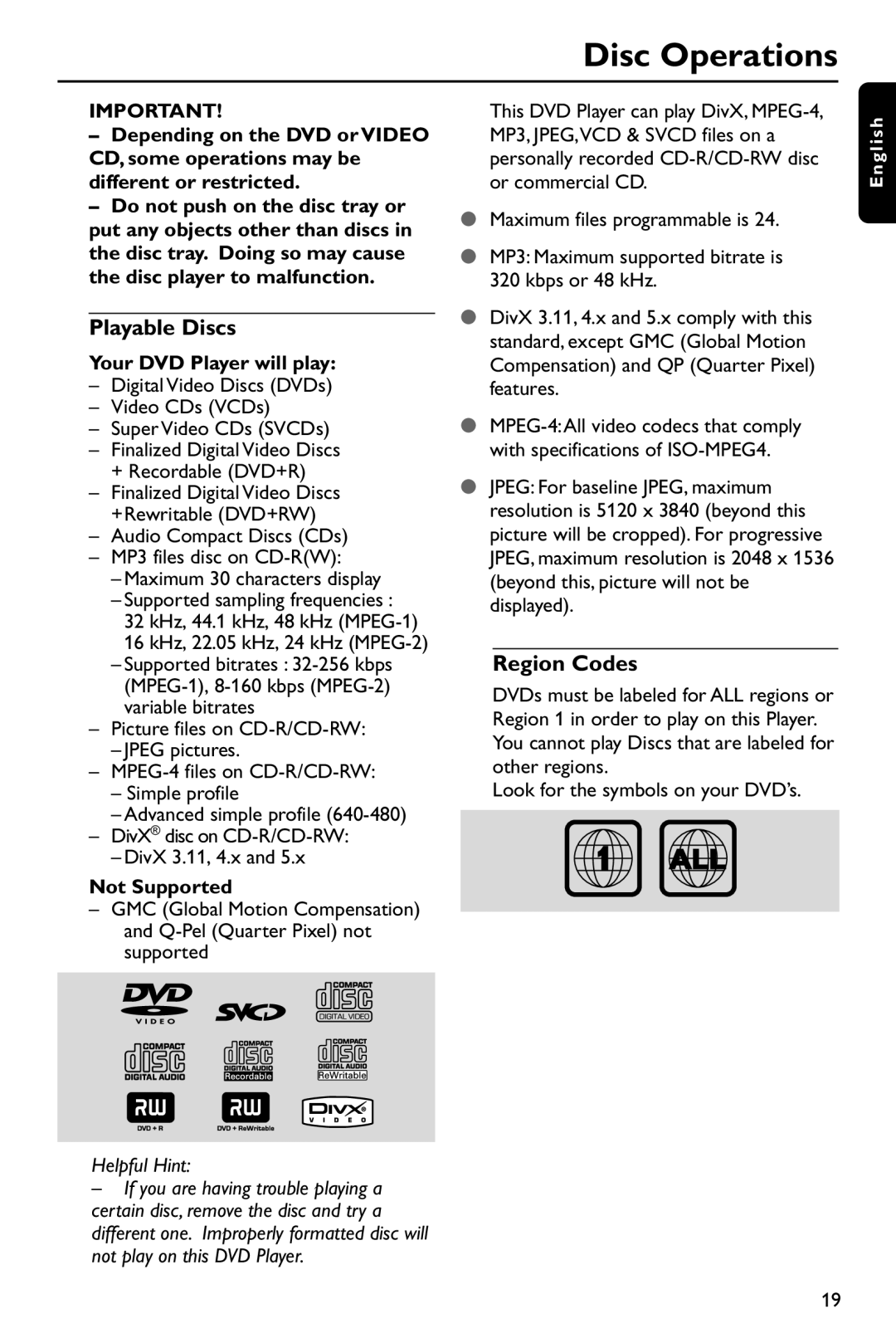 Philips DVP642/37 user manual Disc Operations, Playable Discs, Region Codes, Your DVD Player will play, Not Supported 