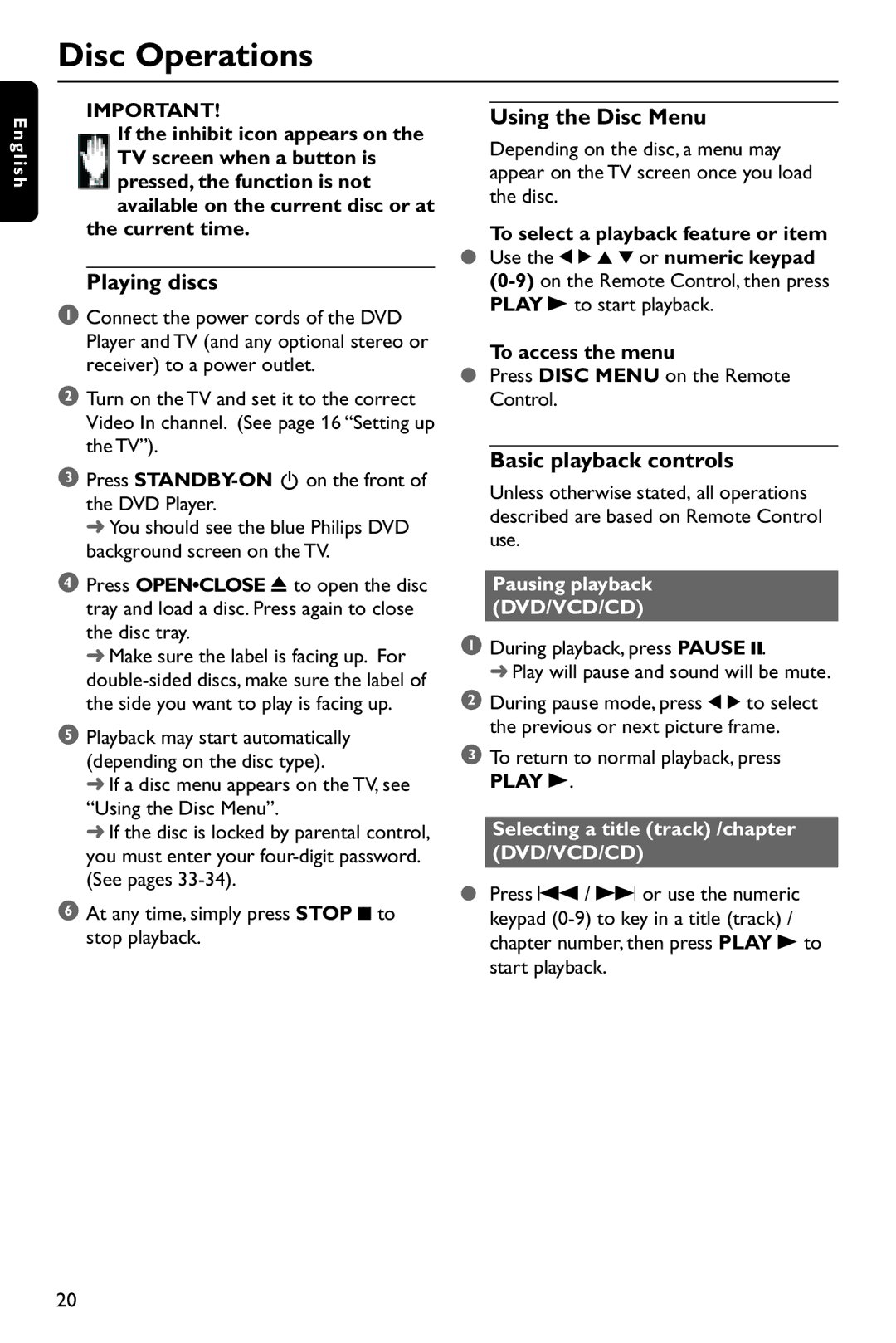 Philips DVP642/37 user manual Playing discs, Using the Disc Menu, Basic playback controls, Play B 