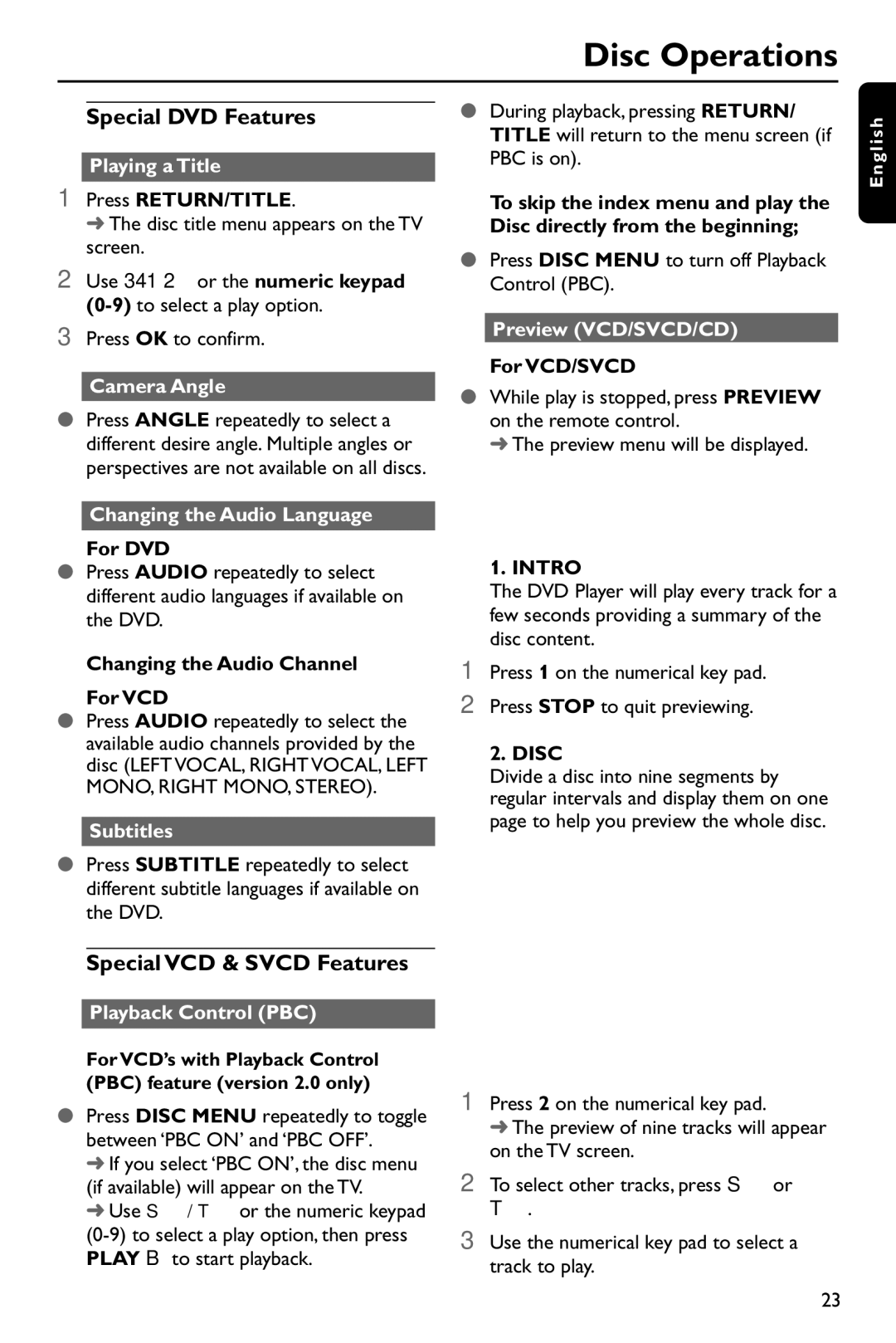 Philips DVP642/37 user manual Special DVD Features, Special VCD & Svcd Features, Intro, Disc 