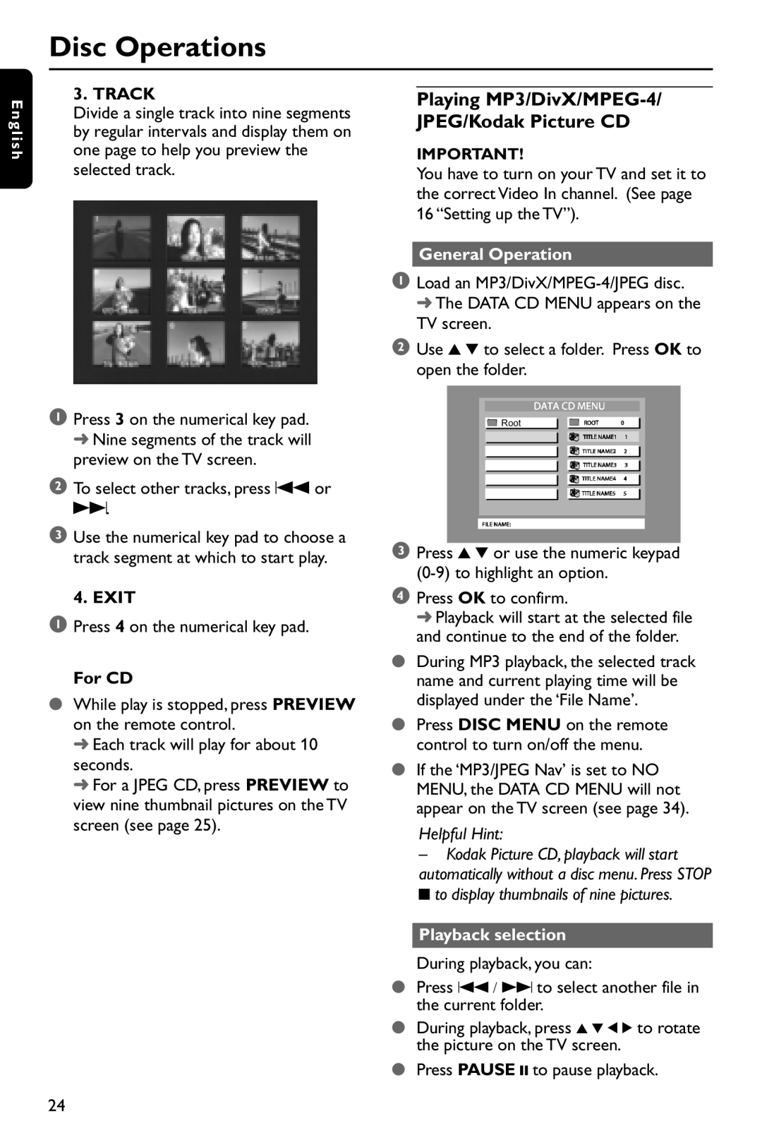 Philips DVP642/37 Playing MP3/DivX/MPEG-4 JPEG/Kodak Picture CD, Track, Exit, General Operation, Playback selection 