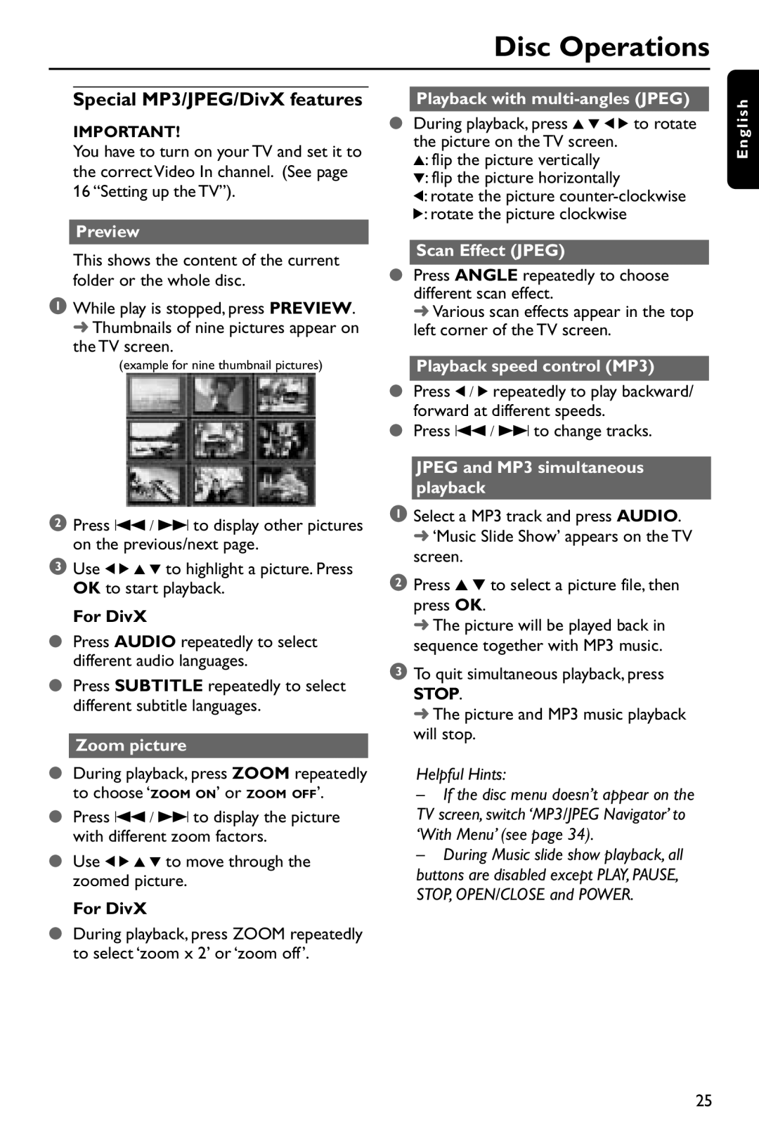 Philips DVP642/37 user manual Special MP3/JPEG/DivX features 