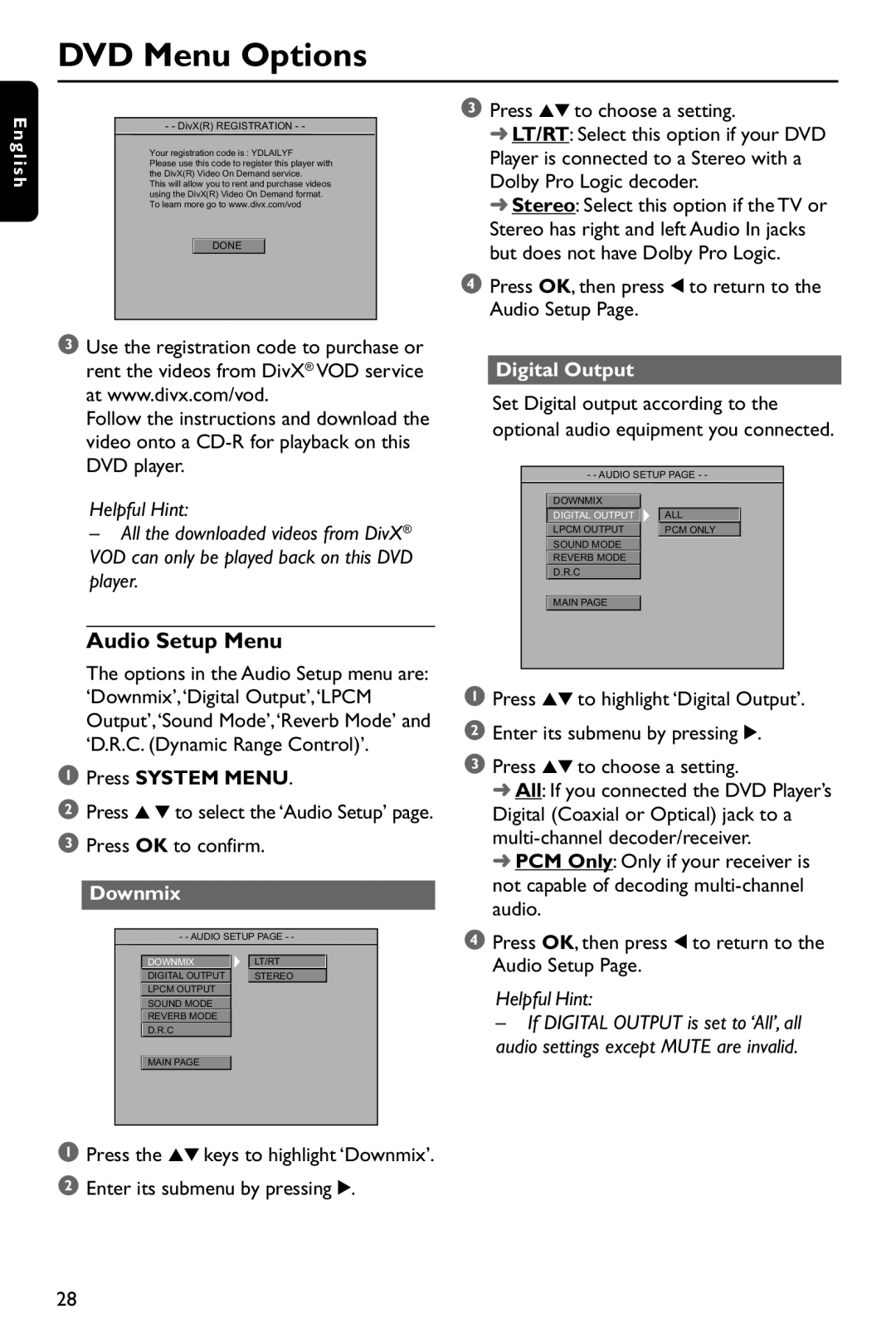 Philips DVP642/37 user manual Audio Setup Menu, Downmix 