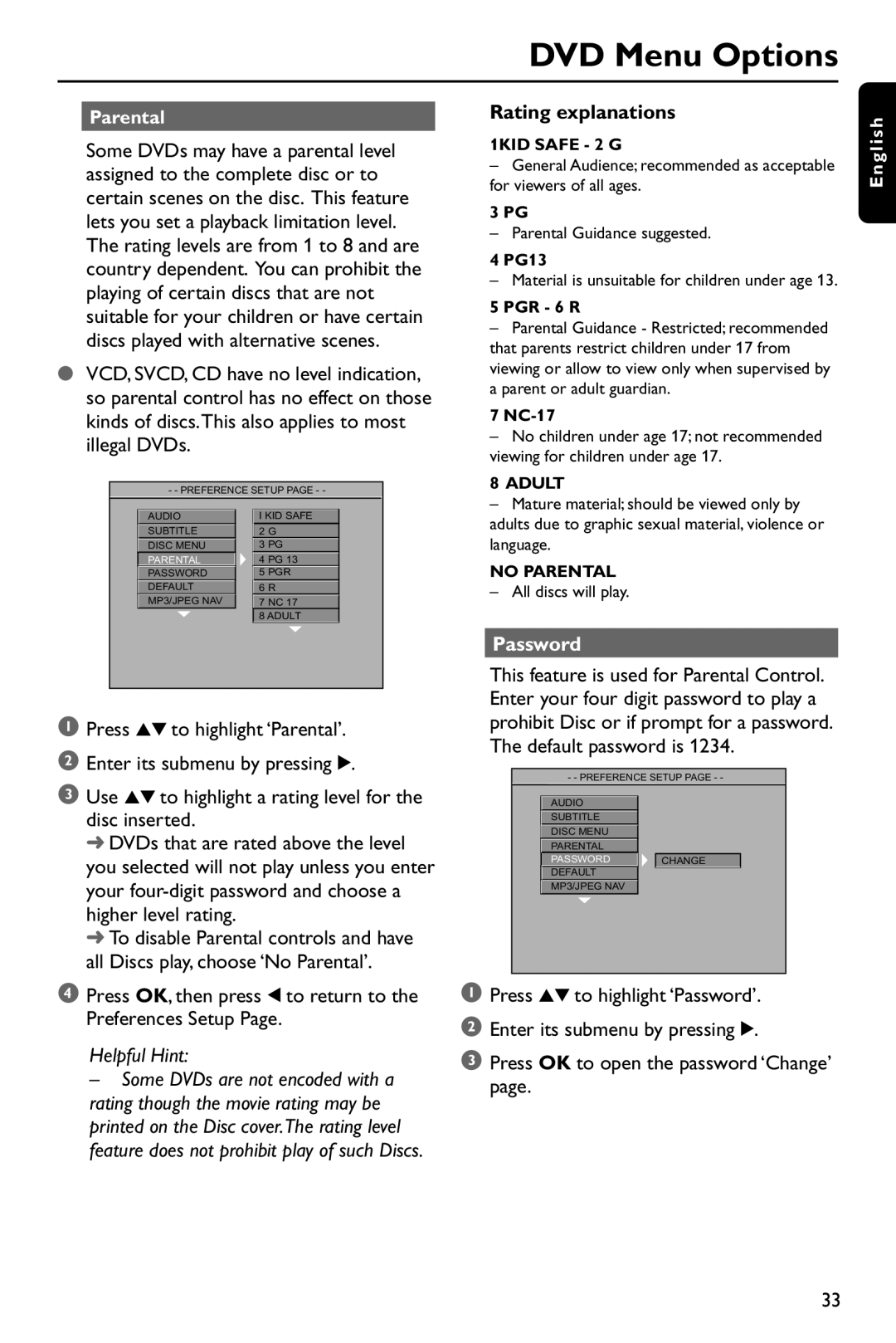 Philips DVP642/37 user manual Rating explanations, Password 