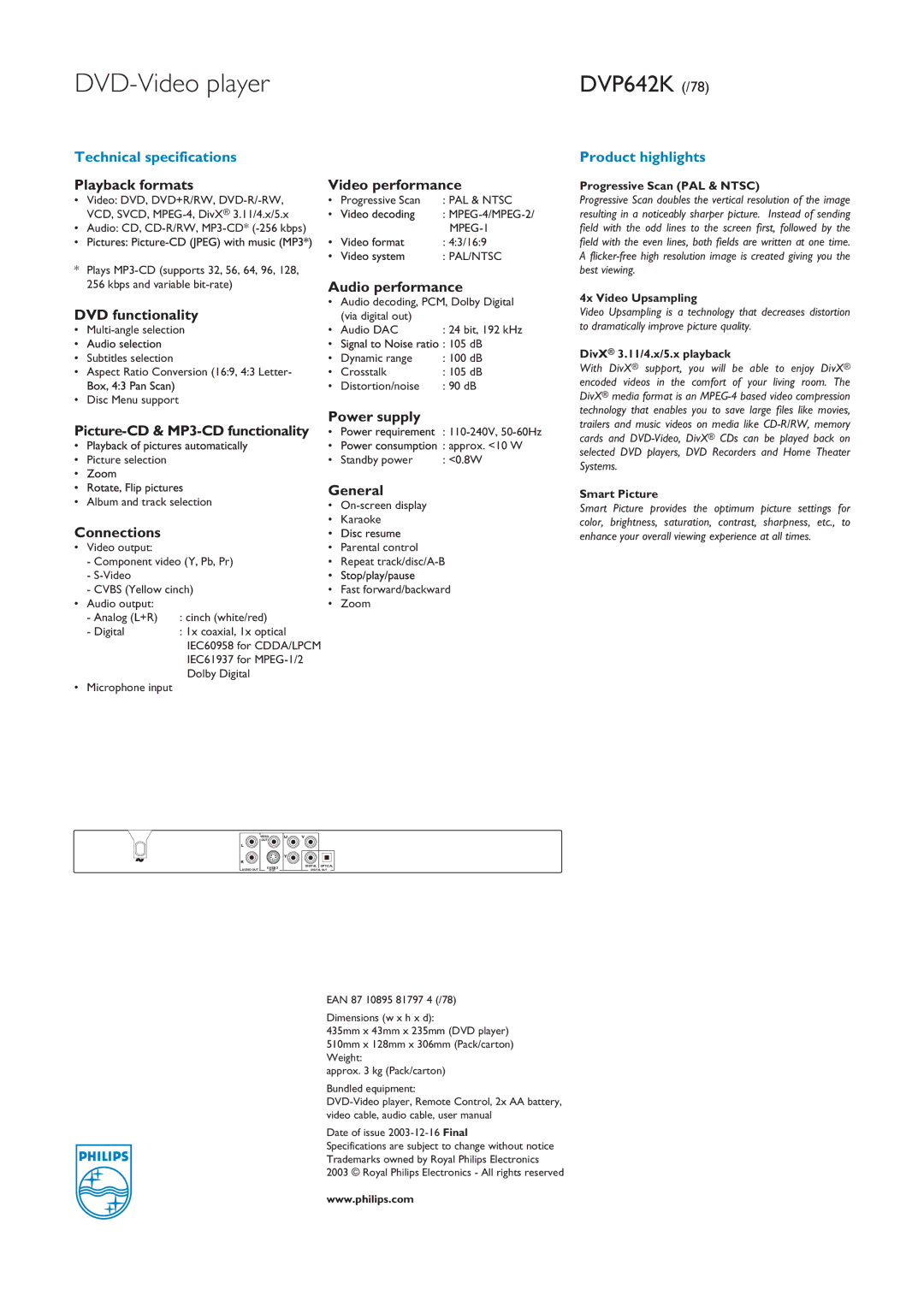 Philips DVP642K/78 Playback formats, DVD functionality, Picture-CD & MP3-CD functionality, Video performance, Power supply 