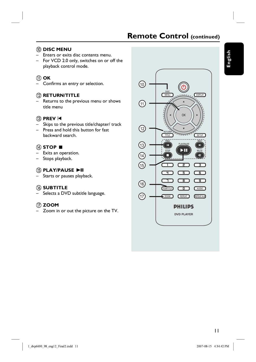 Philips DVP6620, DVP6600 quick start Disc Menu, Return/Title, Prev í, Subtitle, Zoom 