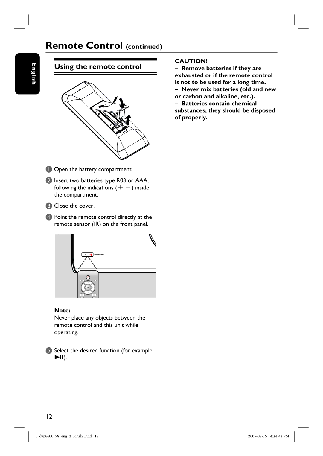 Philips DVP6600, DVP6620 quick start Using the remote control 