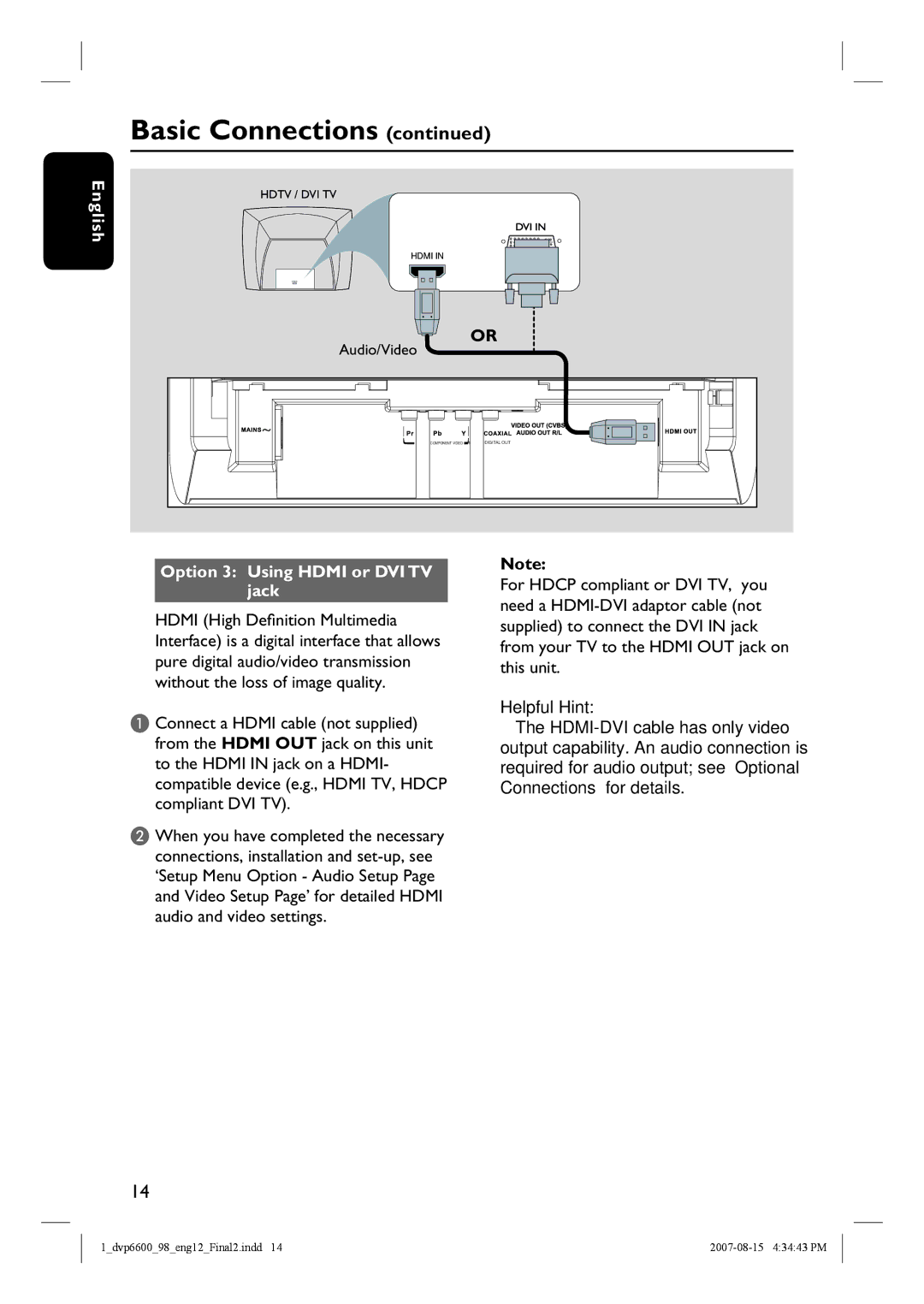 Philips DVP6600, DVP6620 quick start Option 3 Using Hdmi or DVI TV jack, Helpful Hint 