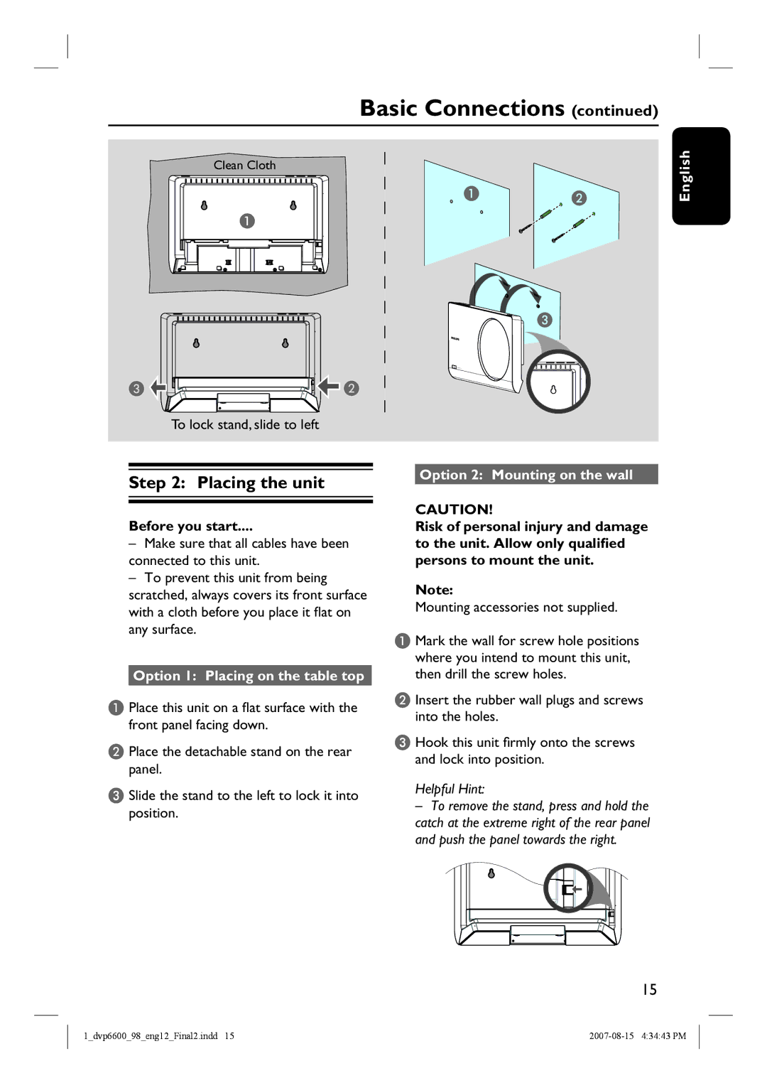 Philips DVP6620, DVP6600 quick start Placing the unit, To lock stand, slide to left, Option 1 Placing on the table top 