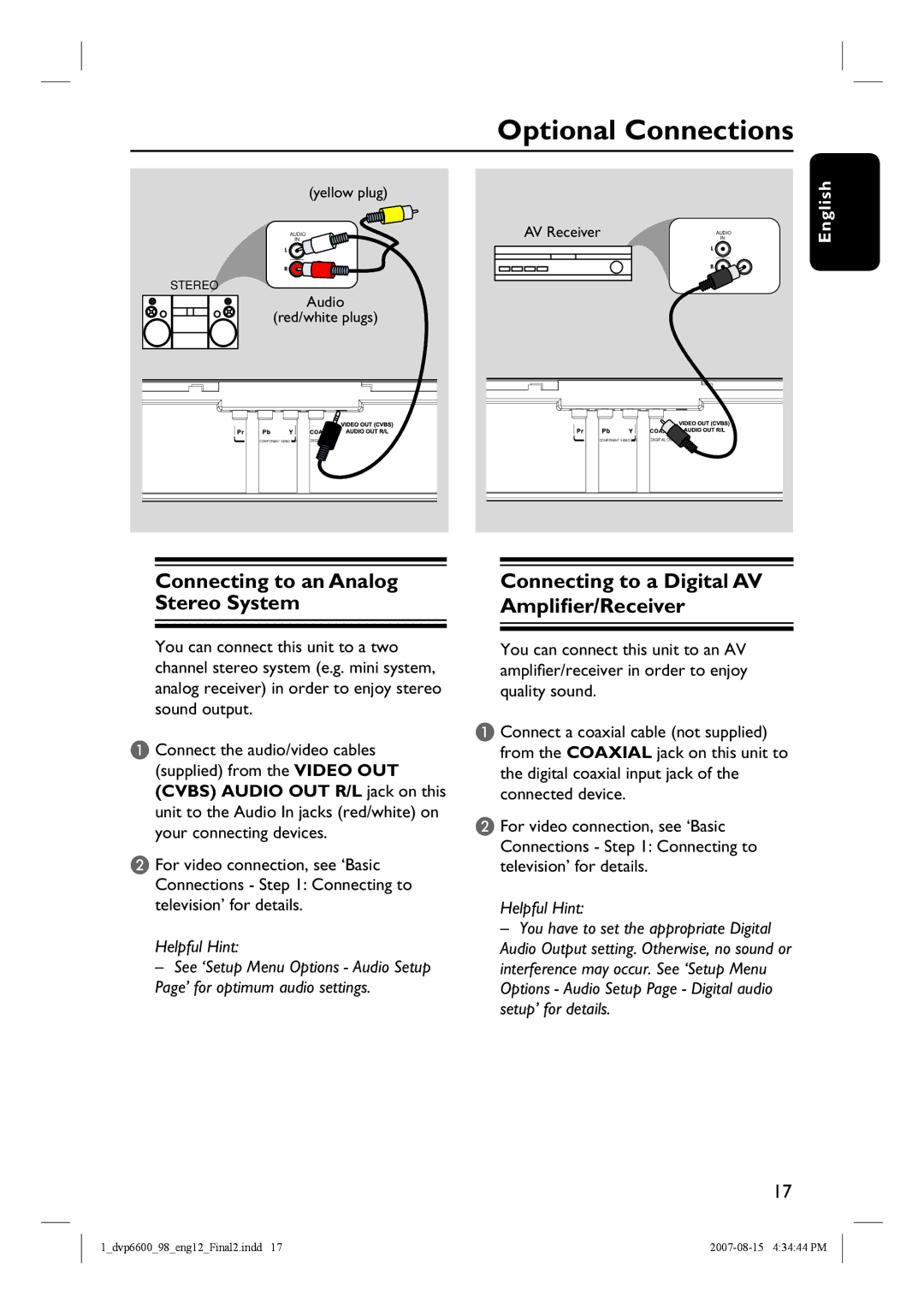 Philips DVP6620 Optional Connections, Connecting to an Analog Stereo System, Connecting to a Digital AV Amplifier/Receiver 