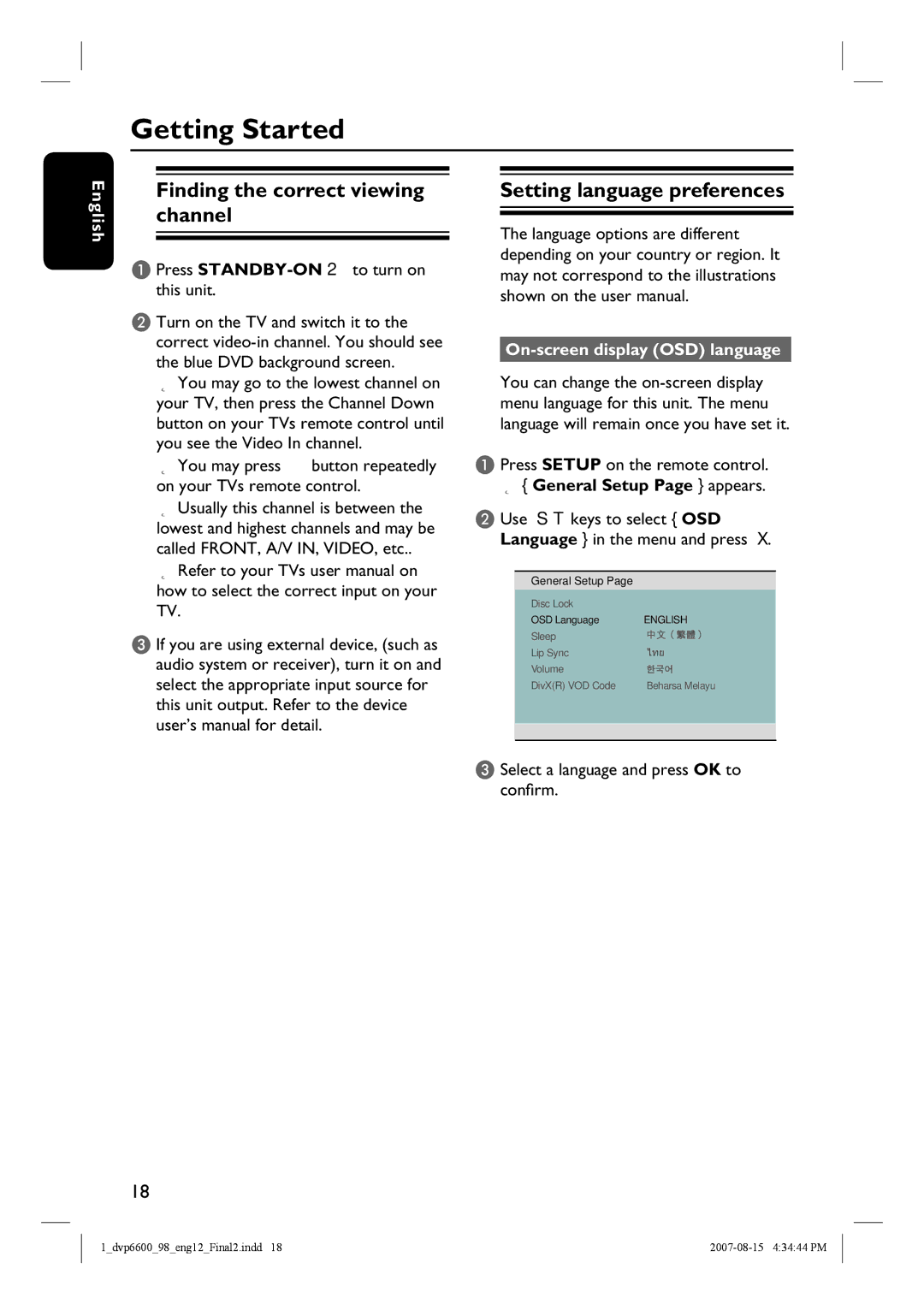 Philips DVP6600, DVP6620 quick start Getting Started, Finding the correct viewing channel, Setting language preferences 